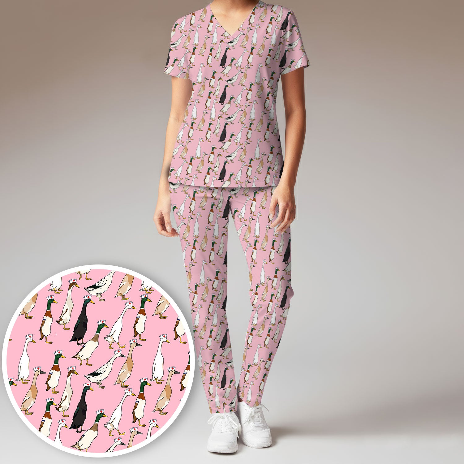 Funny Nurse Duck Pattern Scrub Set, Breathable Med Uniform