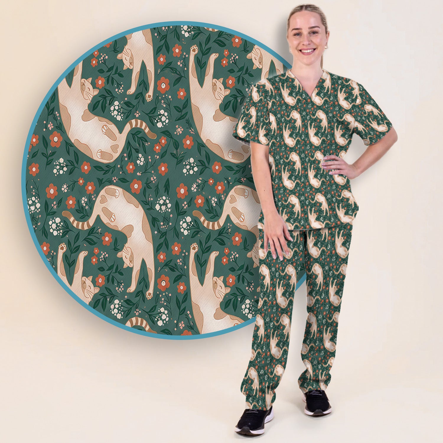 Glowing Blue Butterfly Garden Pattern Scrub Set, Scrub Pants and V Neck Top