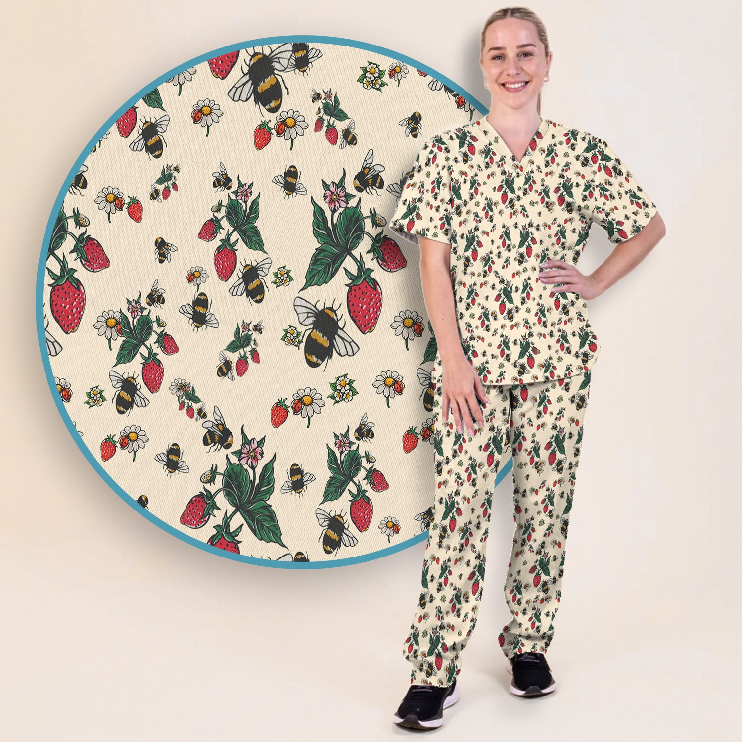 Cute Strawberry Bee Daisy Floral Pattern Scrub Set, Scrub Pants and V Neck Top