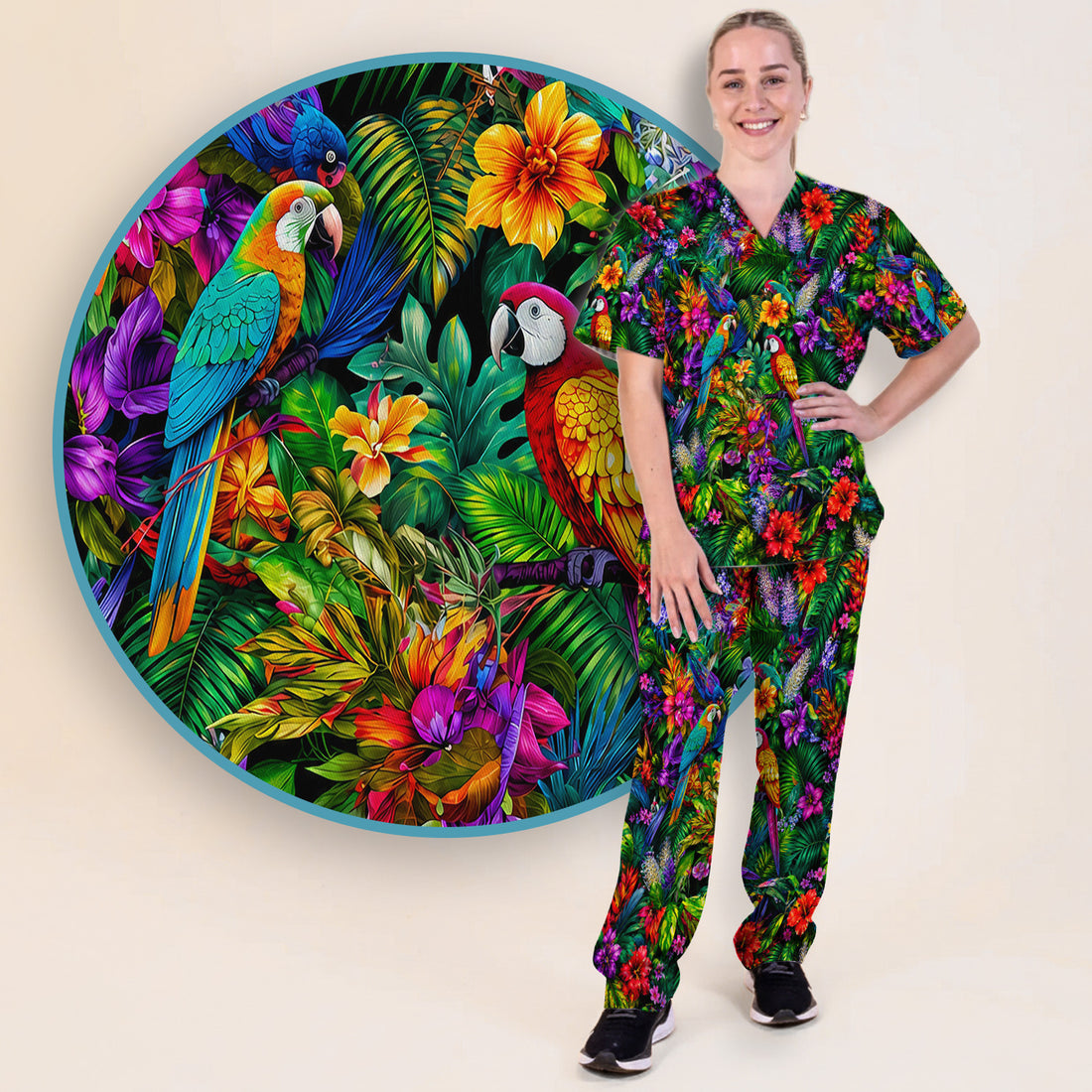 Tropical Parrot Jungle Blossom Pattern Scrub Set, Scrub Pants and V Neck Top