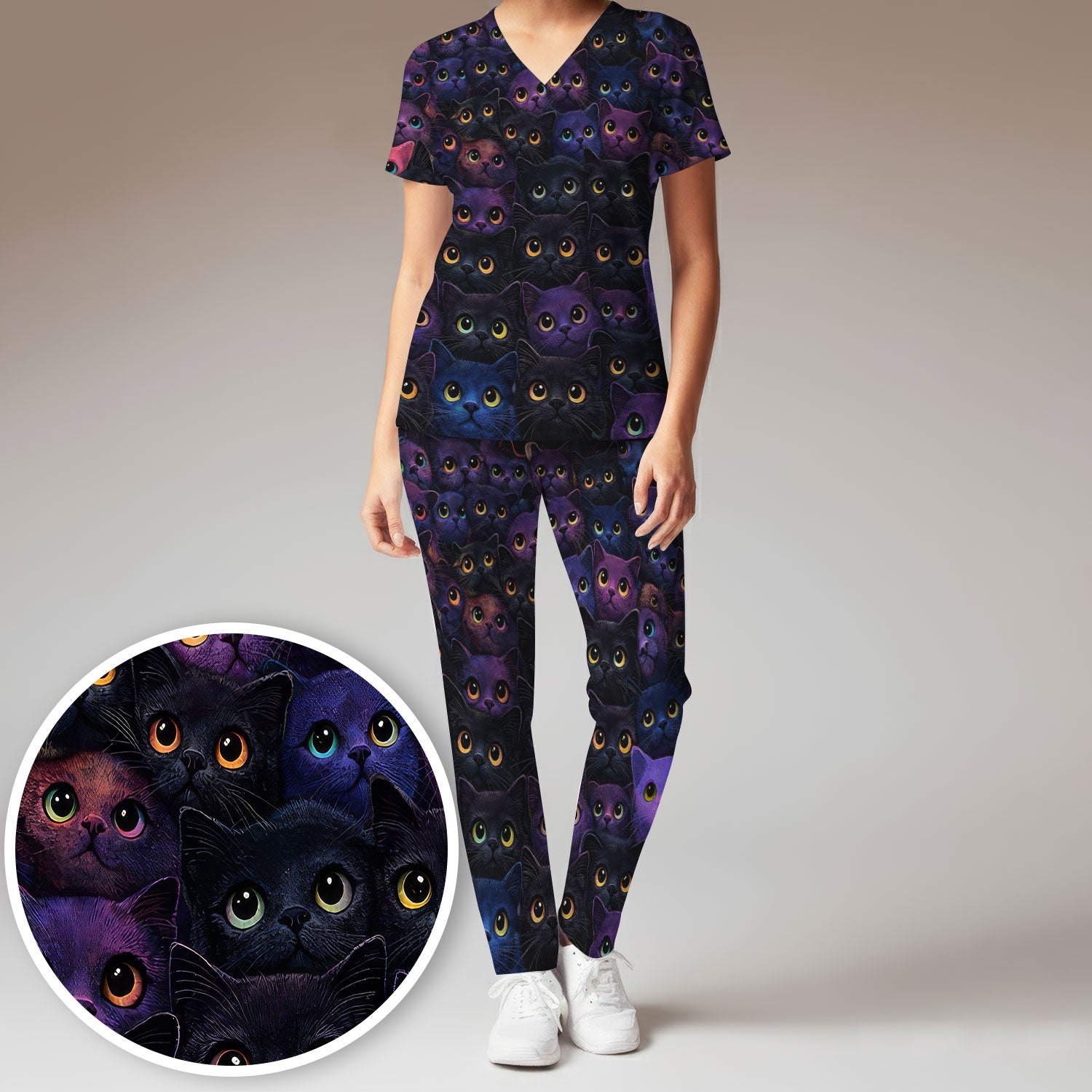 Cute Colorful Cat Eyes Pattern Scrub Set for Nurses, Scrub Pants and V Neck Top, Breathable Med Uniform