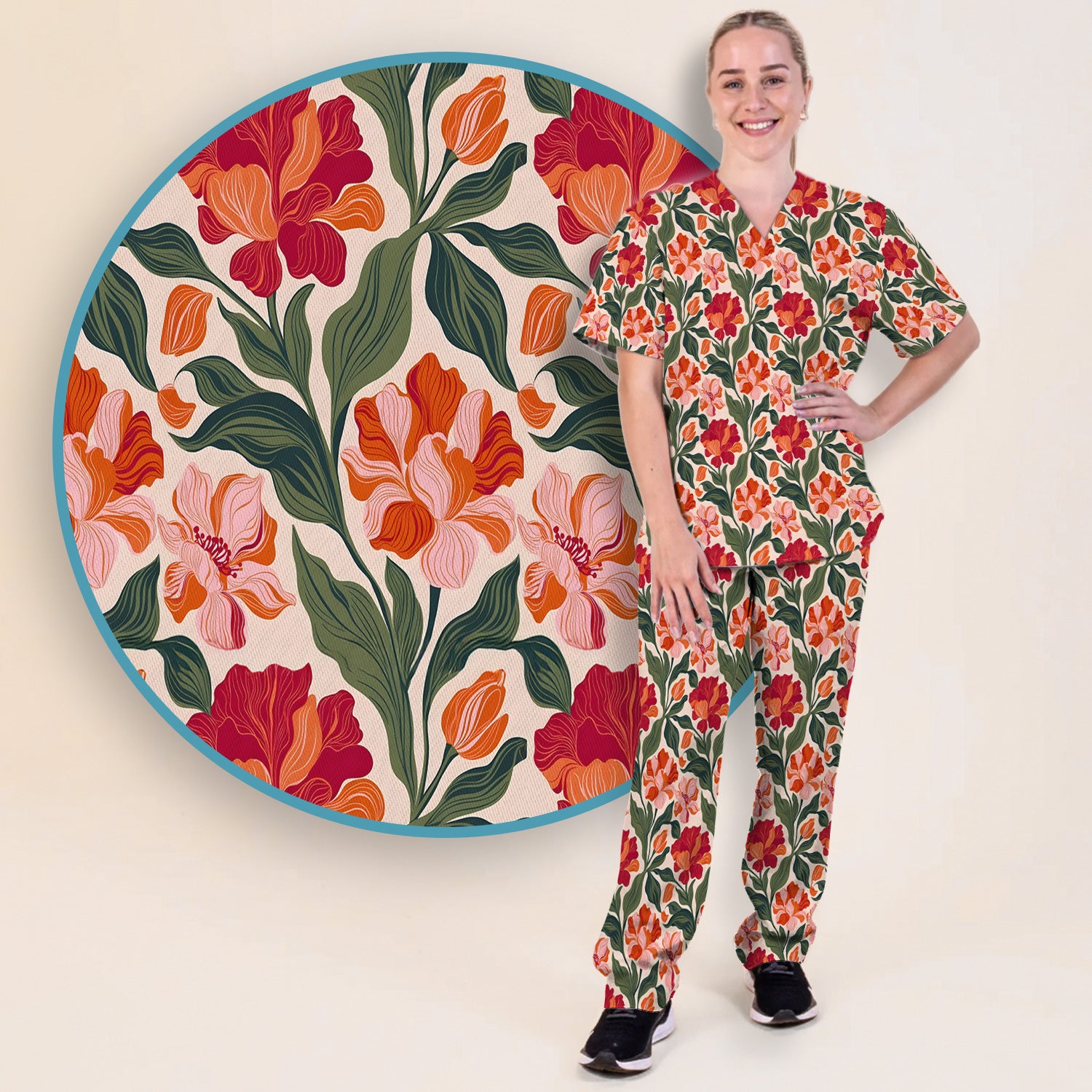Pretty Tropical Floral Print Scrub Set, Scrub Pants and V Neck Top