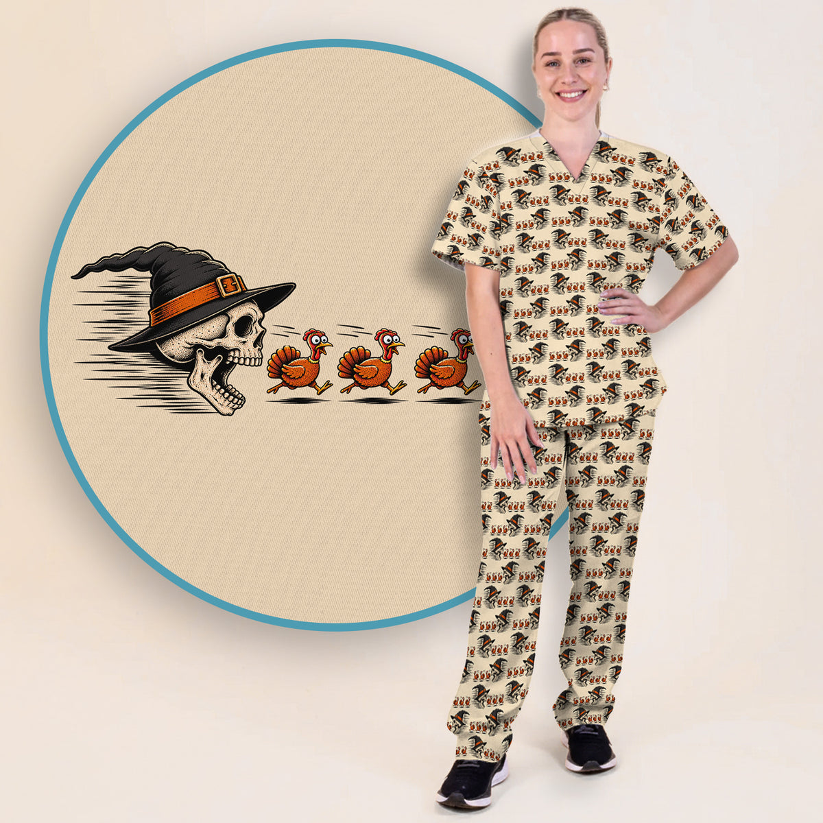 Buntes Kasack-Set mit Neon-Katzenköpfen, Schlupfhose und V-Ausschnitt-Oberteil