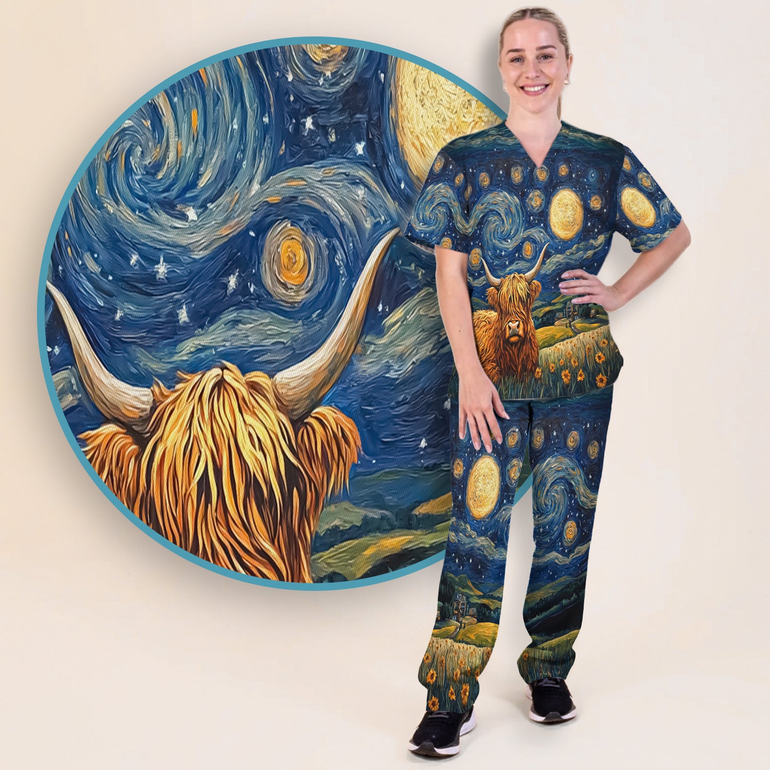 Artistic Highland Cow Starry Night Scene Pattern Scrub Set, Scrub Pants and V Neck Top