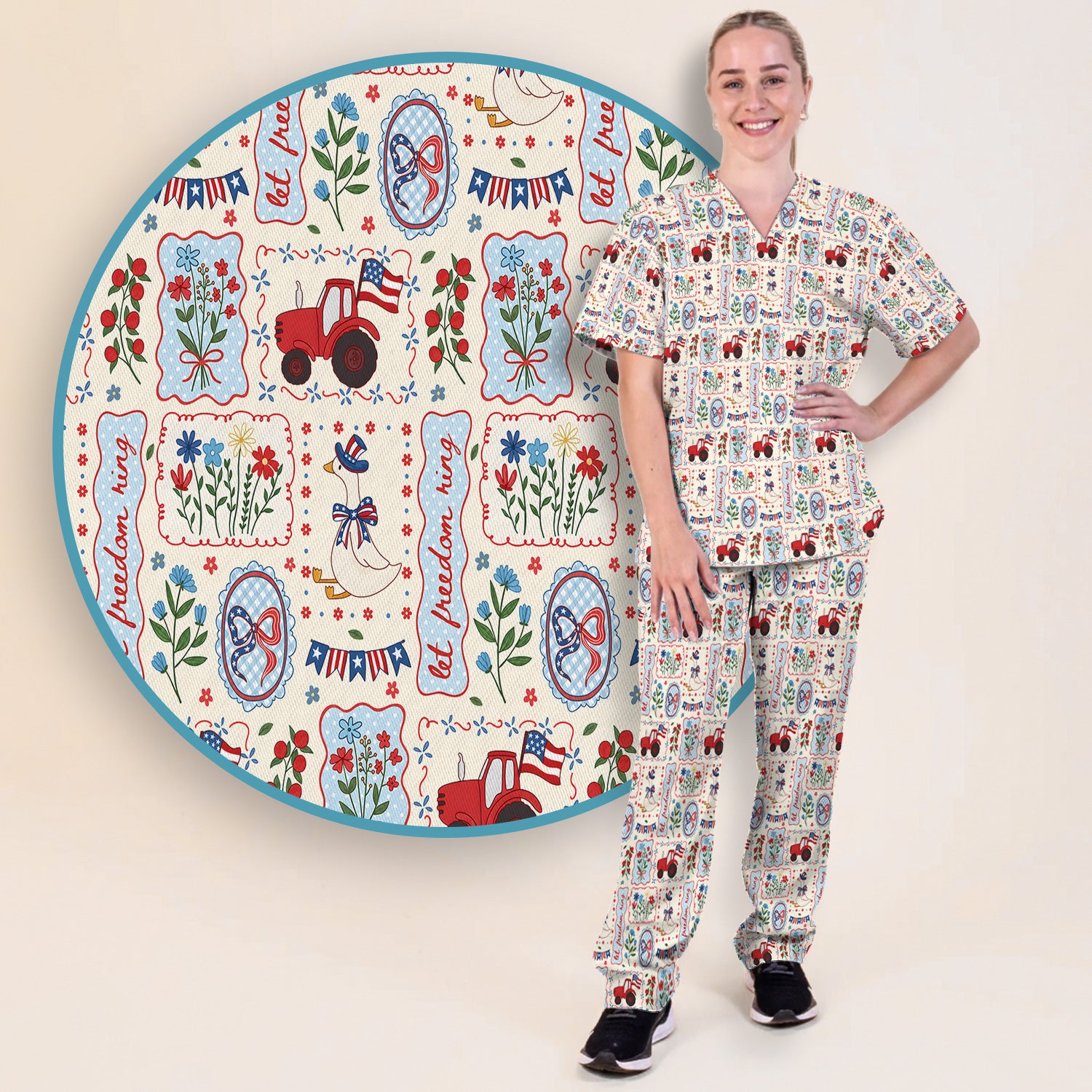 Patriotic Farm Goose Nurse Scrub Top for RN, CNA, Healthcare Workers, Americana Uniform Scrub Set, Scrub Pants and V Neck Top
