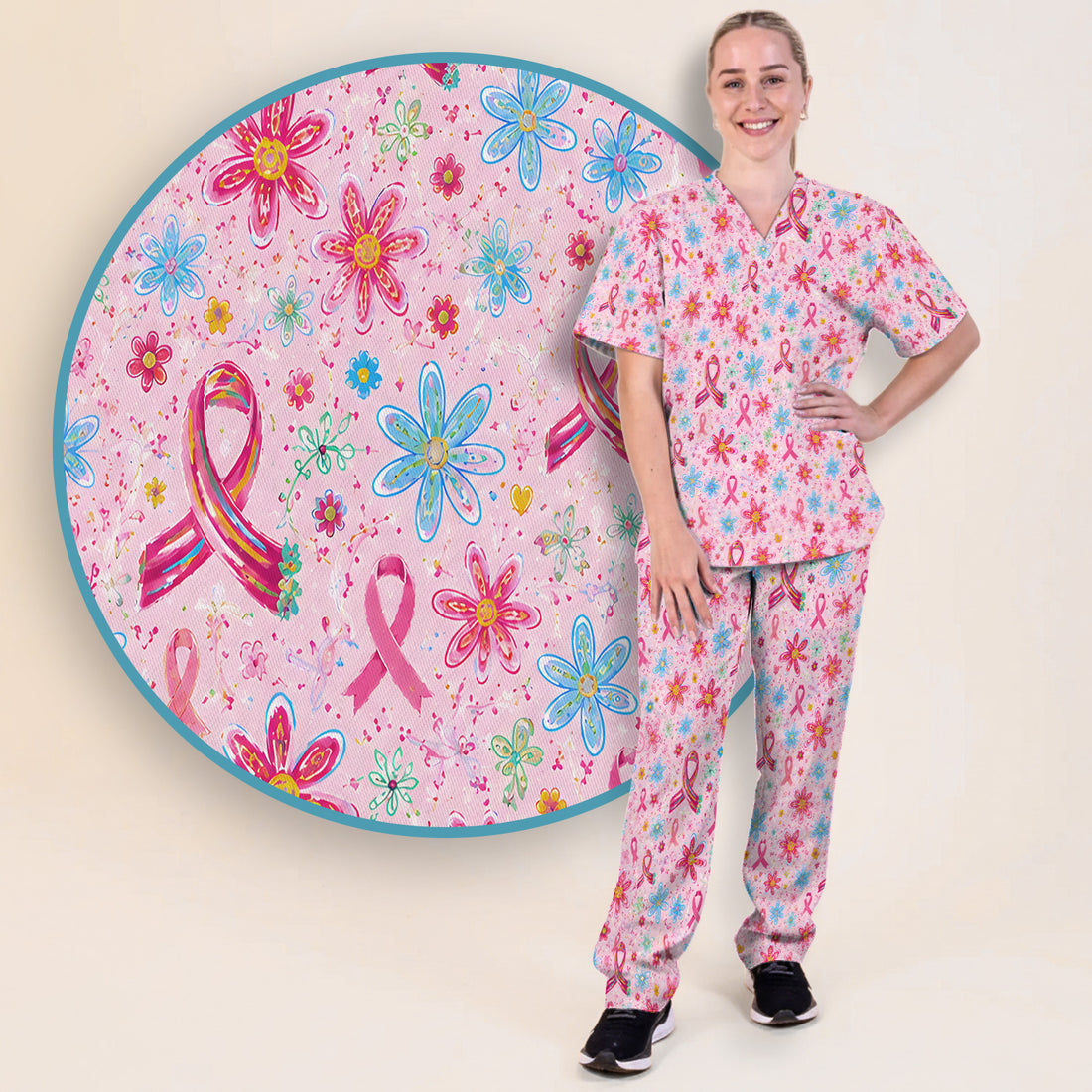 Floral Breast Cancer Awareness Print Scrub Set, Scrub Pants and V Neck Top