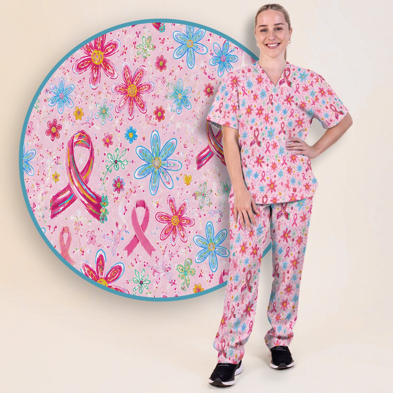 Floral Breast Cancer Awareness Print Scrub Set, Scrub Pants and V Neck Top