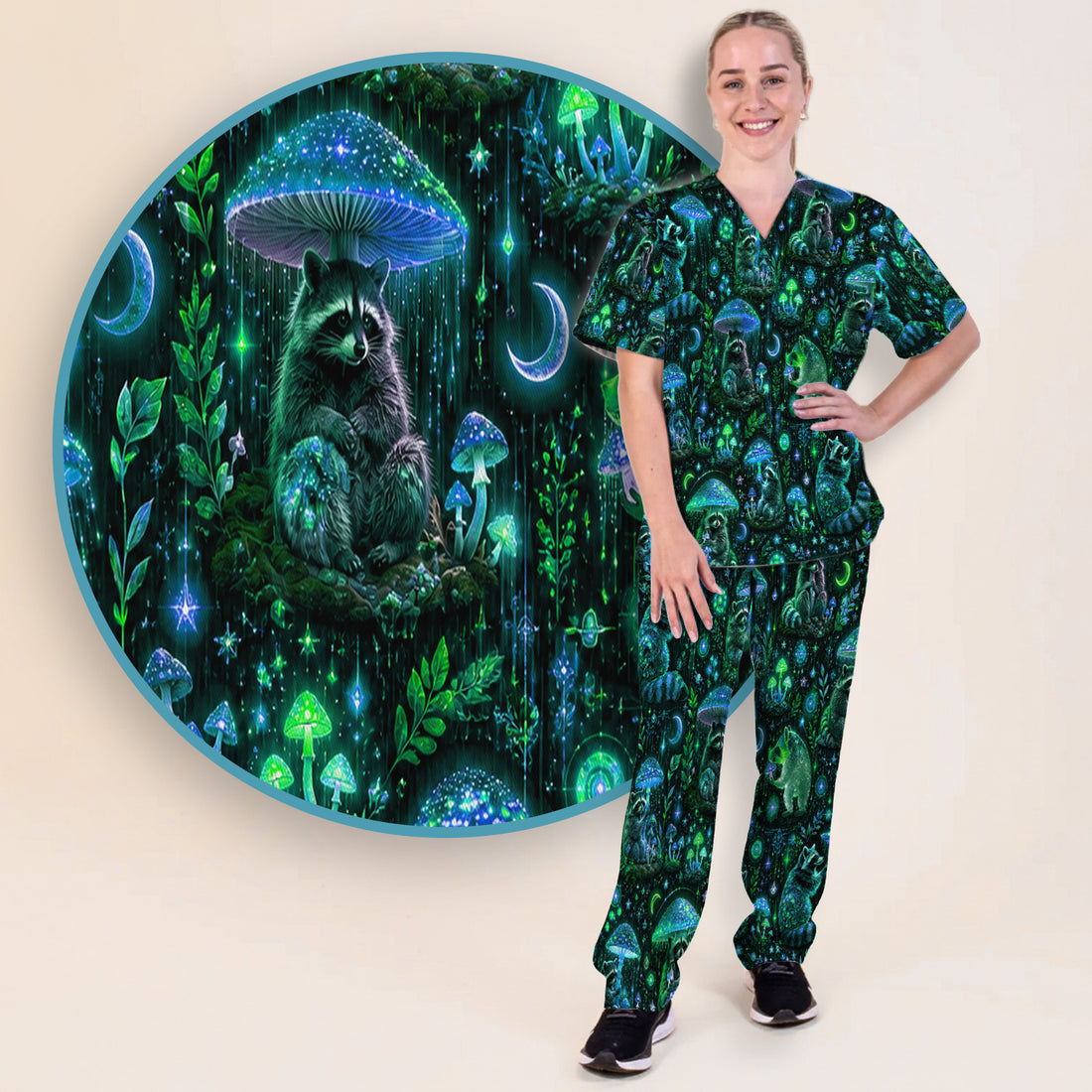 Glowing Raccoon Forest Pattern Scrub Set, Scrub Pants and V Neck Top