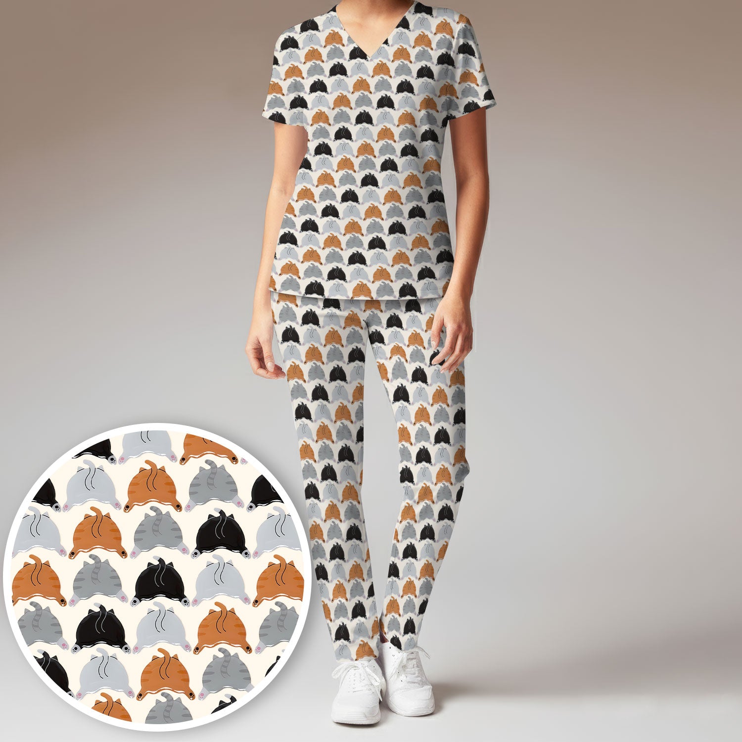 Playful Multicolor Cat Print Scrub Set, Breathable Med Uniform