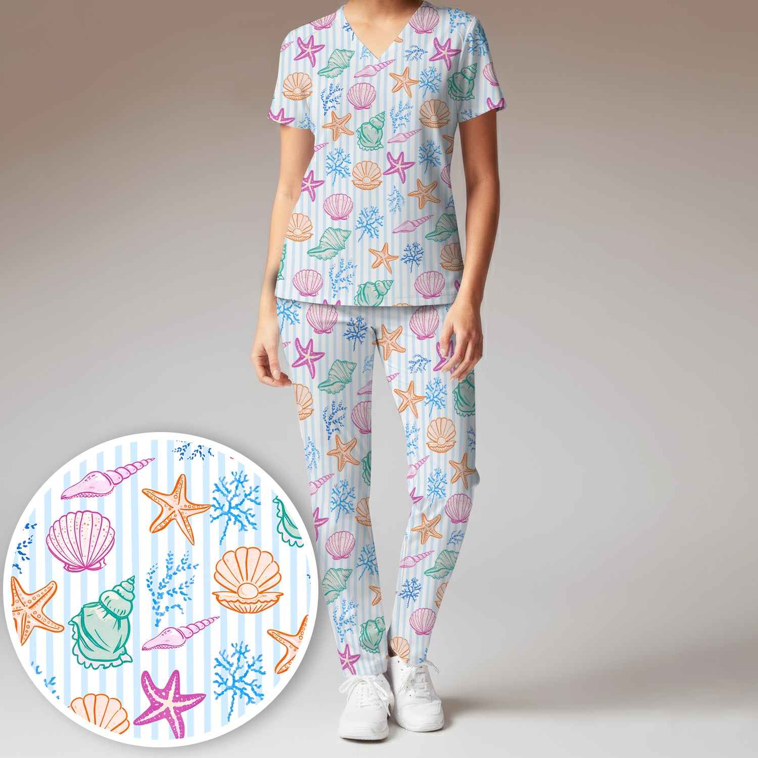 Colorful Seashell Starfish Ocean Stripe Pattern Scrub Set, Women's Scrub Sets
