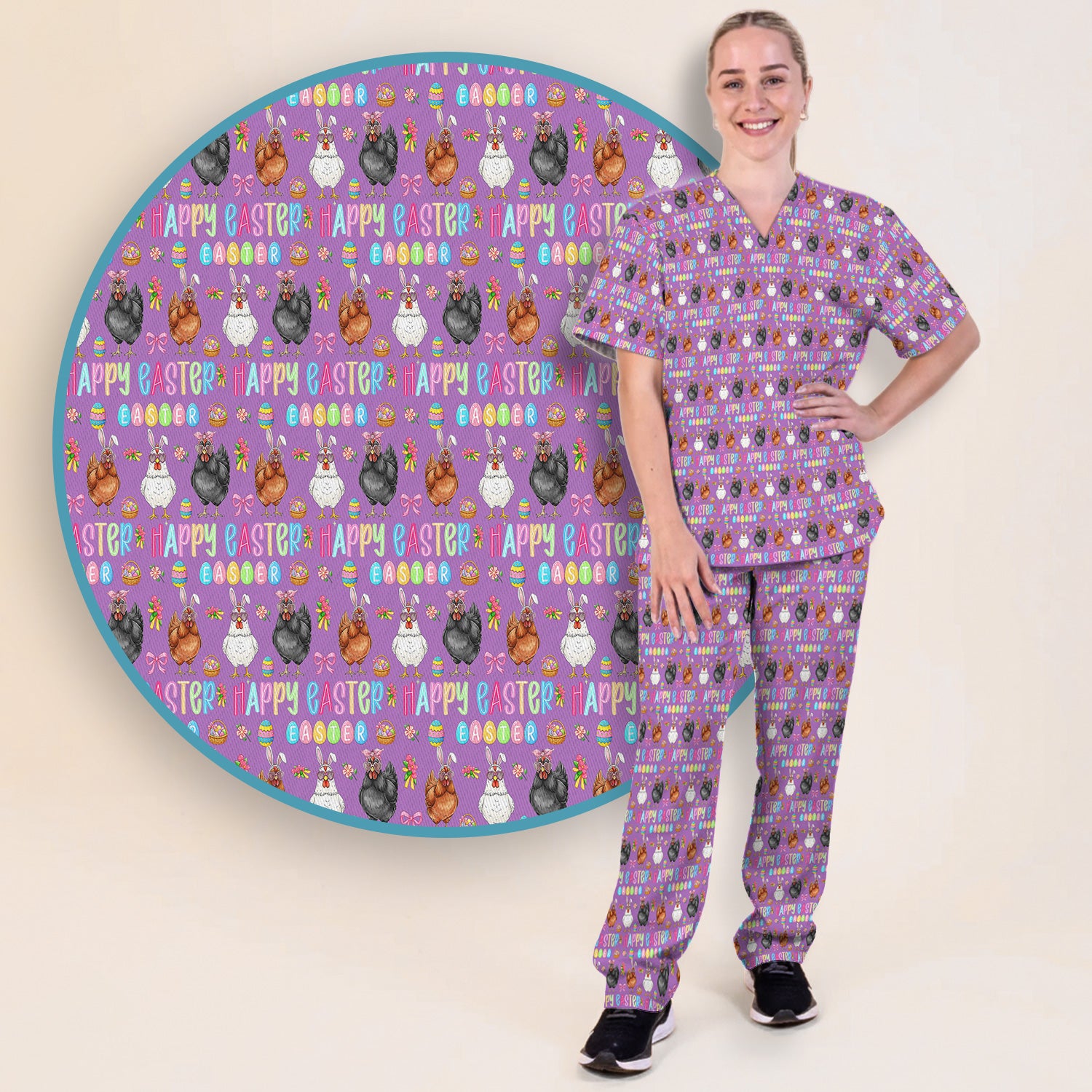Happy Easter Bunny Eggs Pattern Scrub Sets, Scrub Pants and V Neck Top