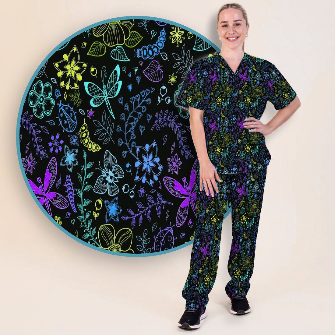 Neon Butterfly and Floral Garden Pattern Scrub Set, Scrub Pants and V Neck Top