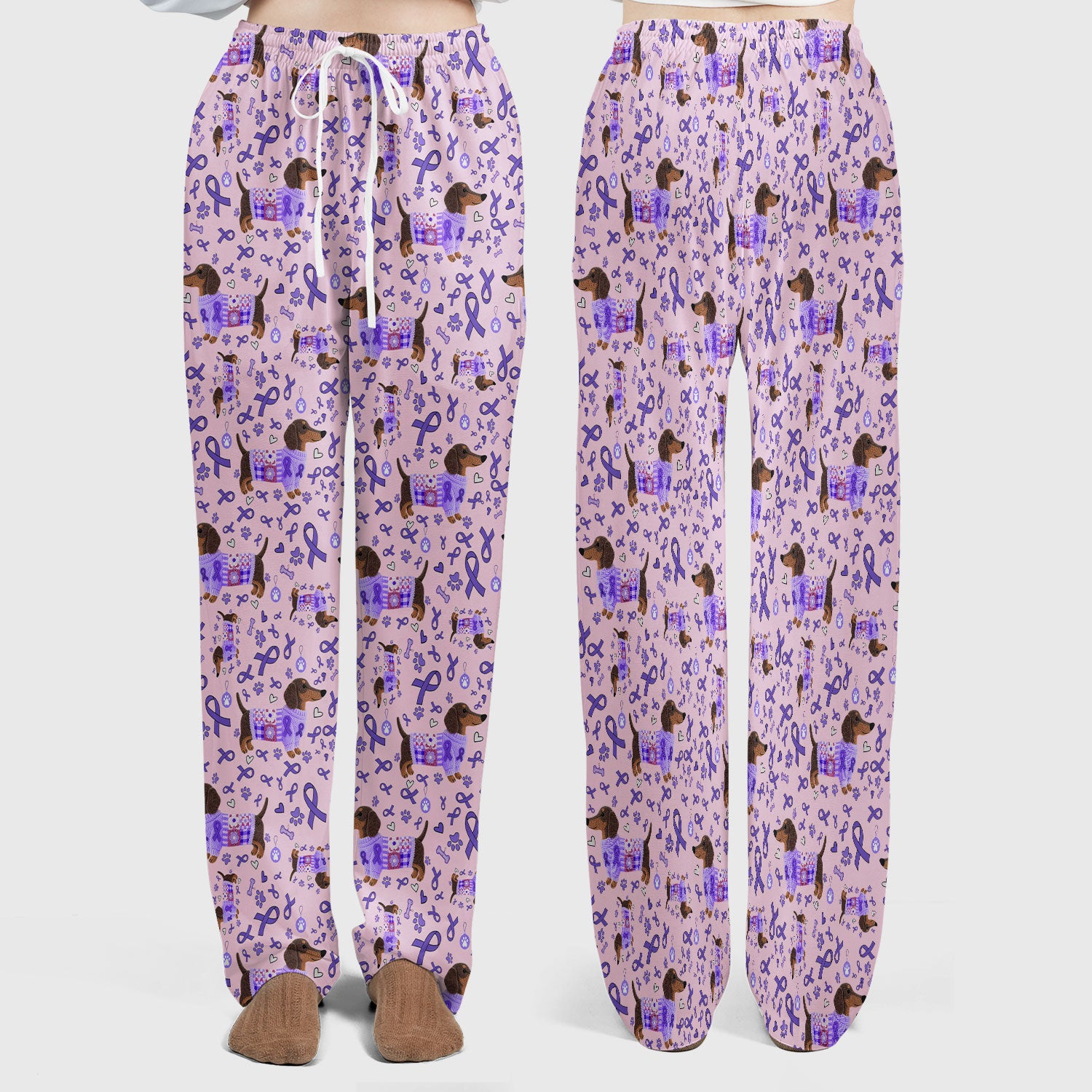 Purple Ribbon Dachshund Scrub Sets - Cute Awareness Dog Paw Prints Scrub Pants and V Neck Top - Support Lupus Cancer Med Uniform