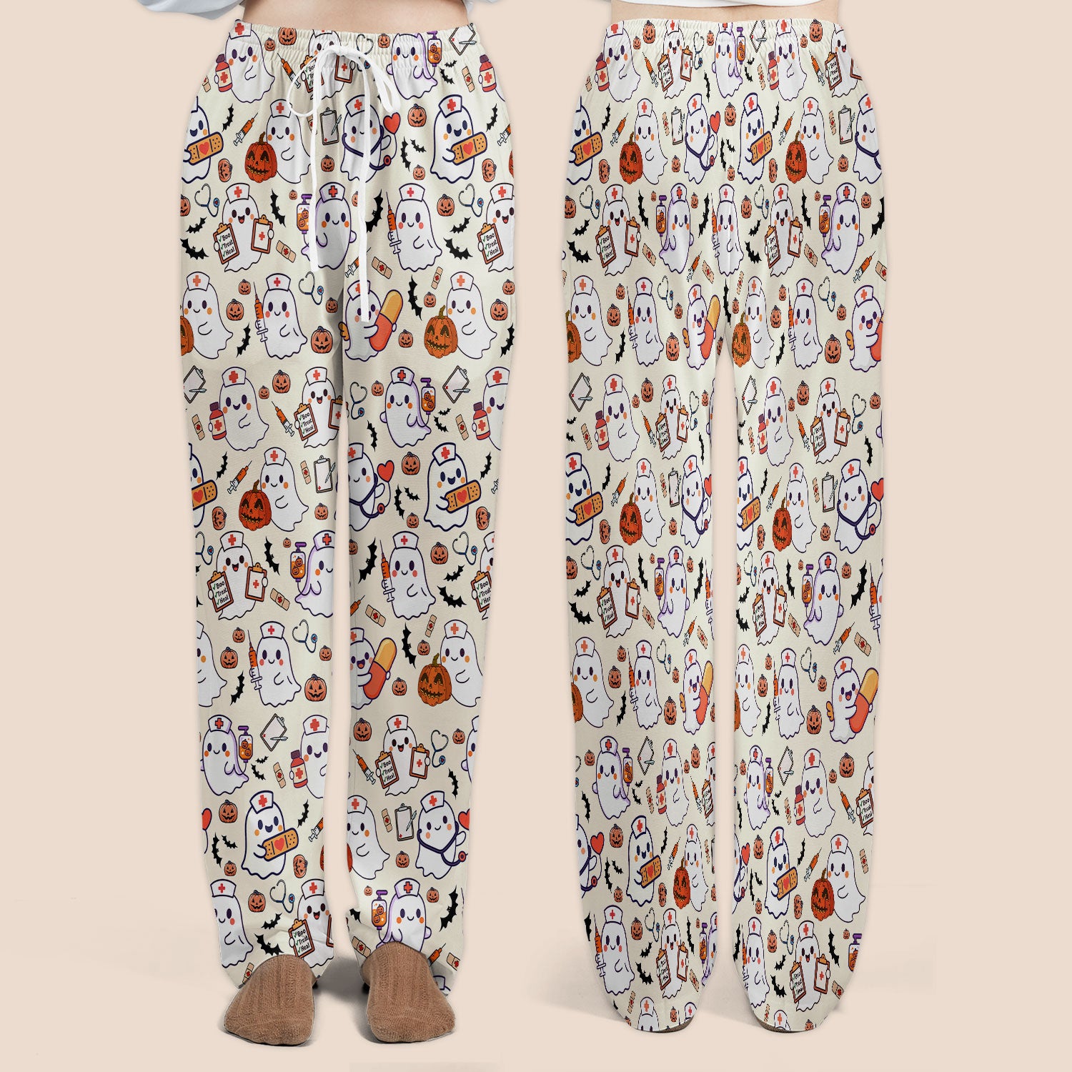 Halloween Women's Scrub Sets - Comfortable Scrubs for Nurses - Pumpkin Ghost Scrub Pants and V Neck Top - Breathable Med Uniform