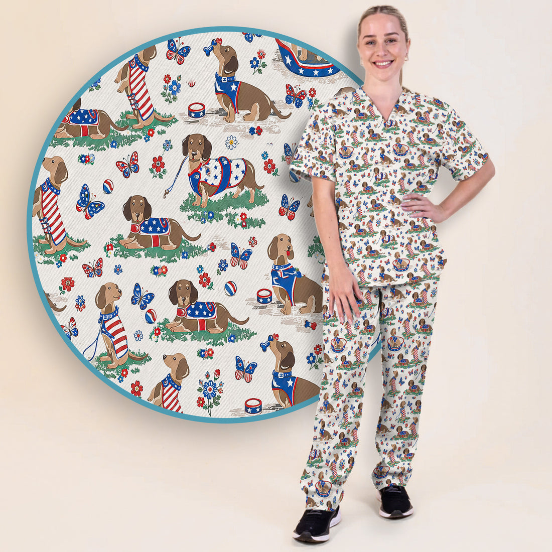 Patriotic Dachshund Garden Party Pattern Scrub Set, Scrub Pants and V Neck Top
