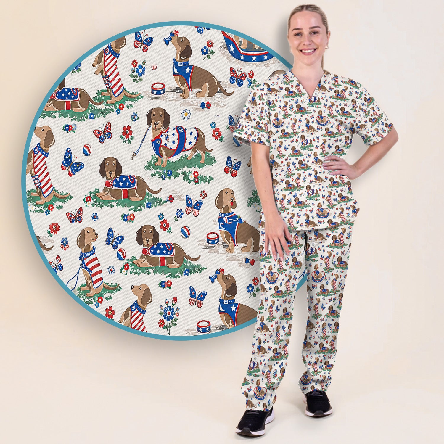 Patriotic Dachshund Garden Party Pattern Scrub Set, Scrub Pants and V Neck Top