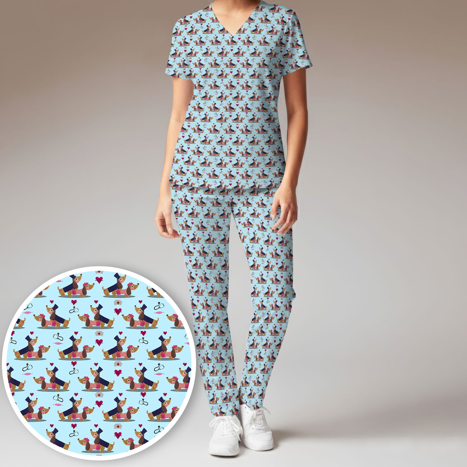 Valentine Dachshund Nurse Scrub Set - Funny Couple Gift for Women