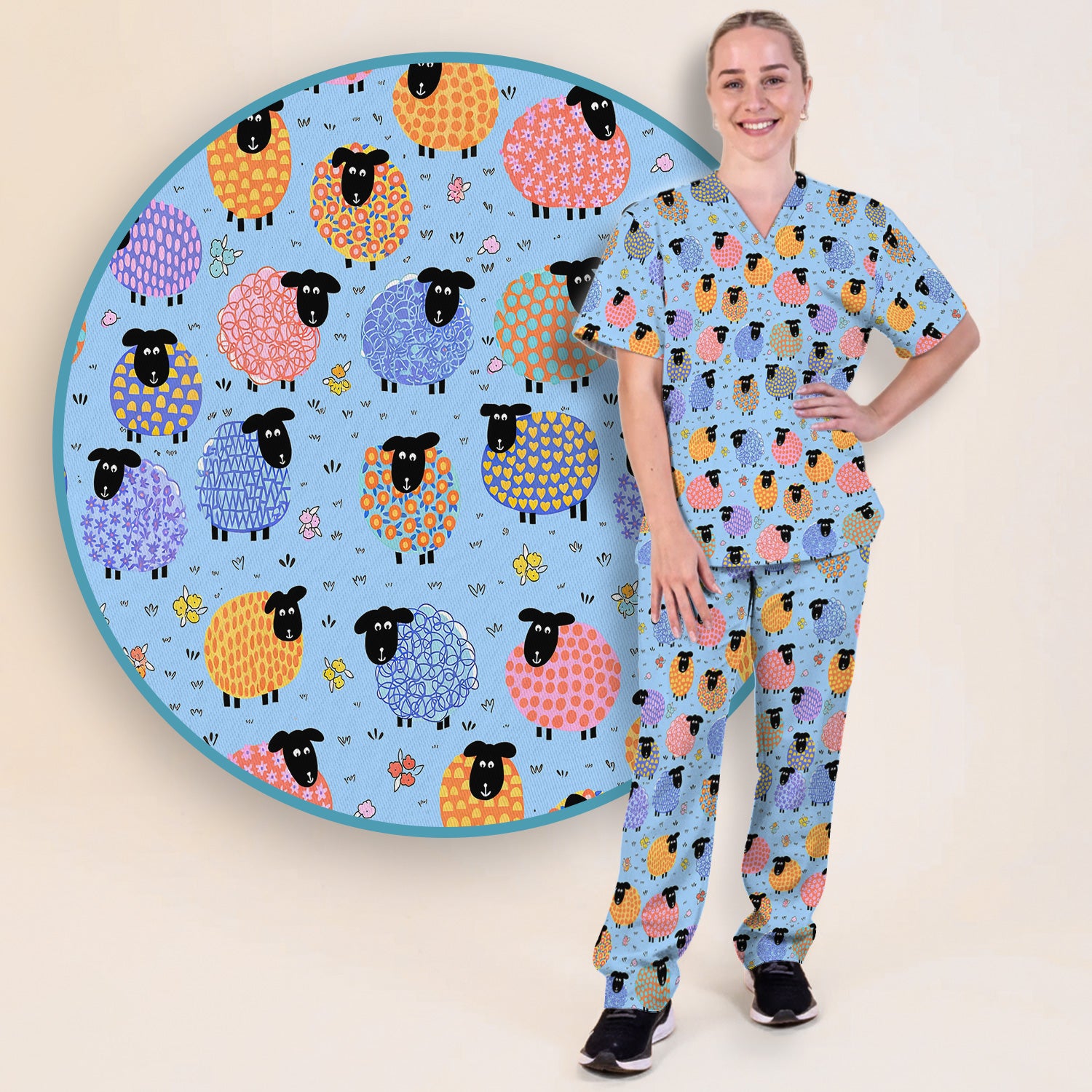 Funny Colorful Sheep Pattern Scrub Set, Scrub Pants and V Neck Top