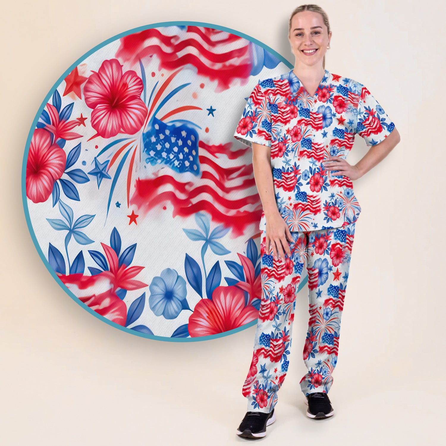 Patriotic American Flag Floral Pattern Scrub Set, Scrub Pants and V Neck Top