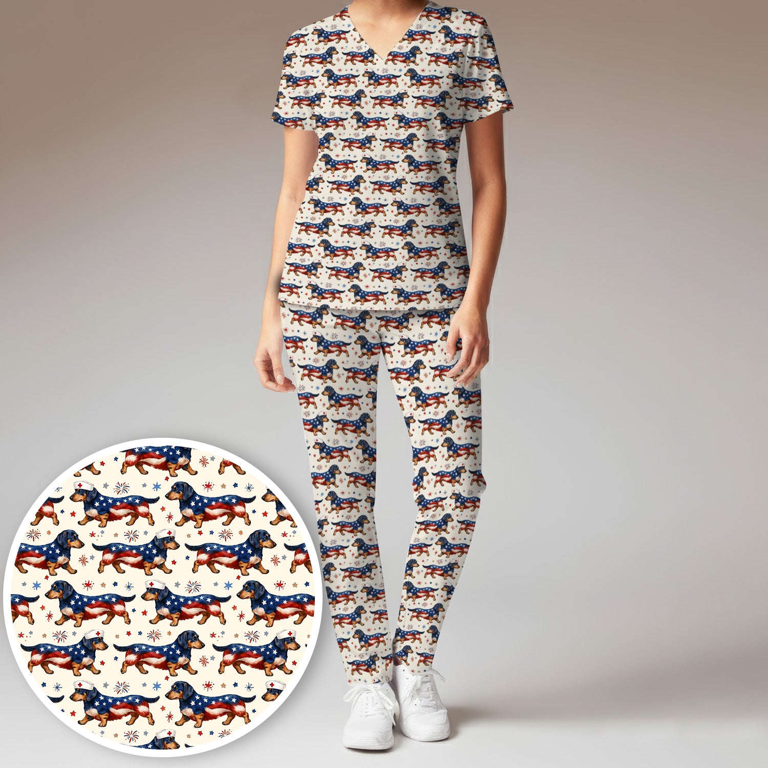 Patriotic Dachshund Dog American Flag Pattern Nurse Scrub Set, Scrub Pants and V Neck Top