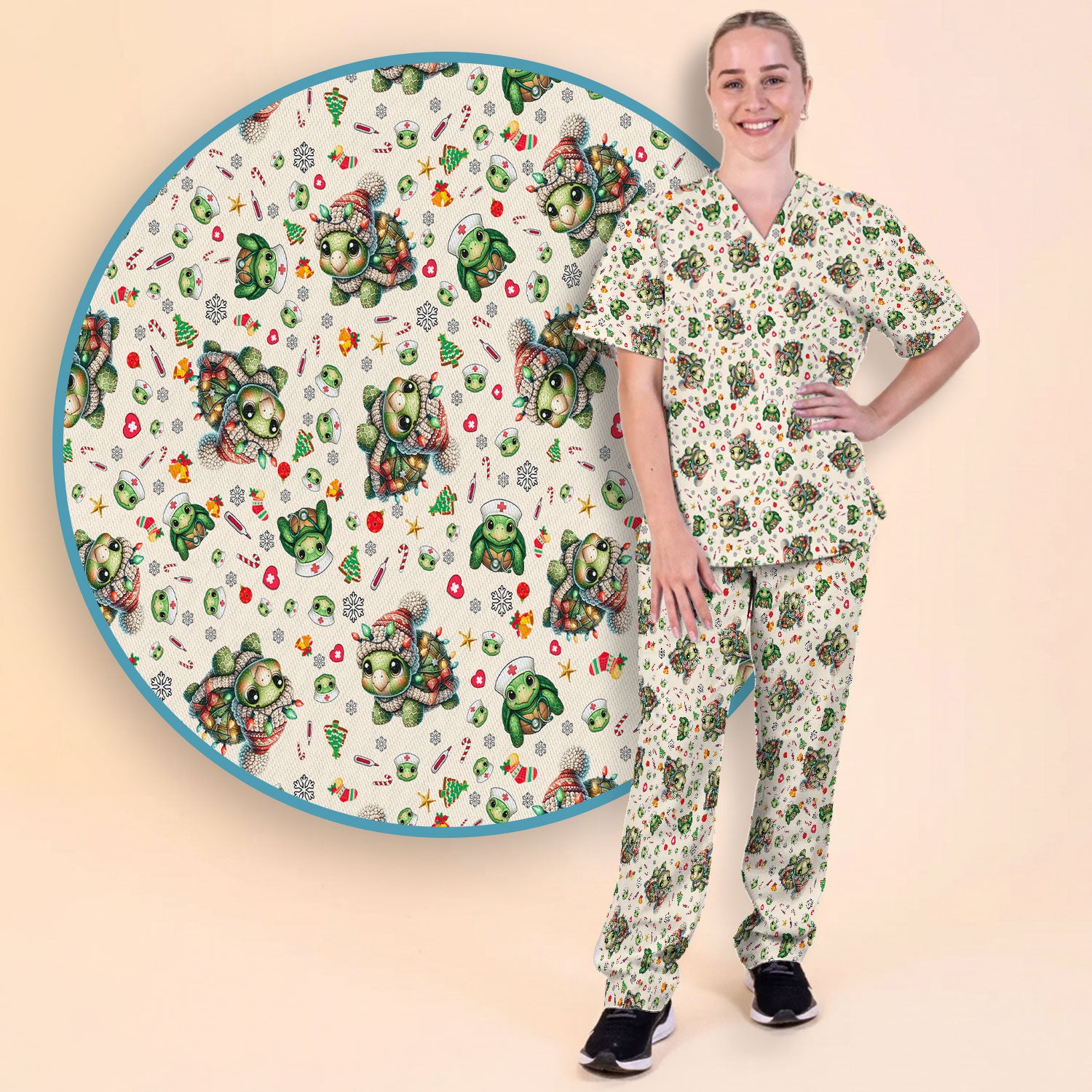 Christmas Turtle Scrub Set - Cute Funny Nurse Pants and V Neck Top - Holiday Medical Uniform for Women