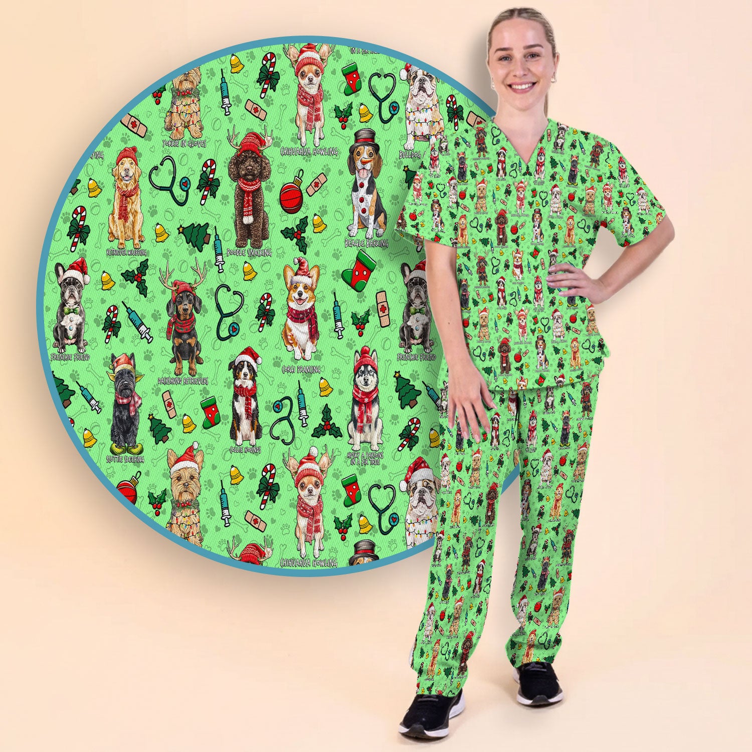 Cute Christmas Dog Scrubs Sets for Nurses - Corgi, Dachshund, Husky, Poodle & Labrador - Funny Holiday Medical Uniform for RN CNA LPN