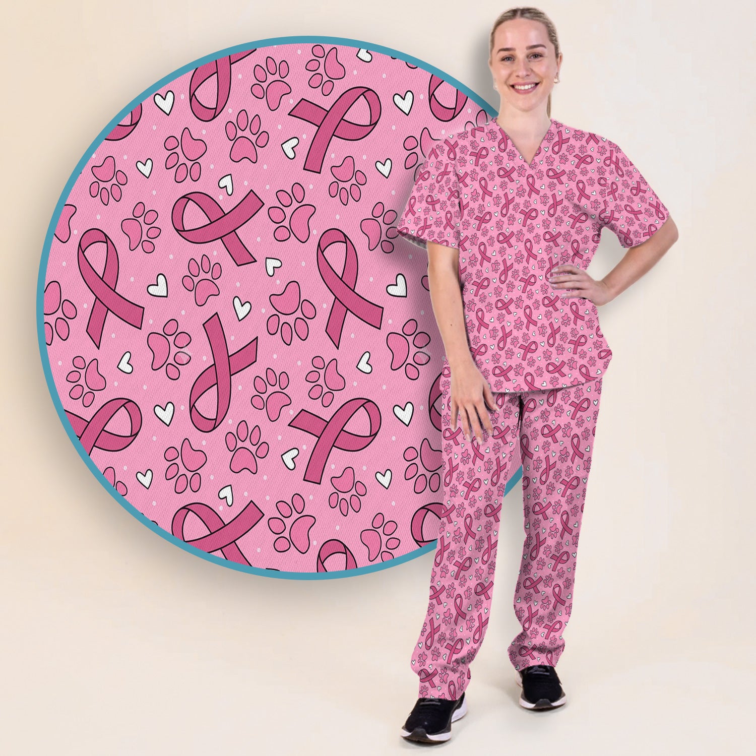 Pink Ribbon Paw Print Scrub Set, Scrub Pants and V Neck Top