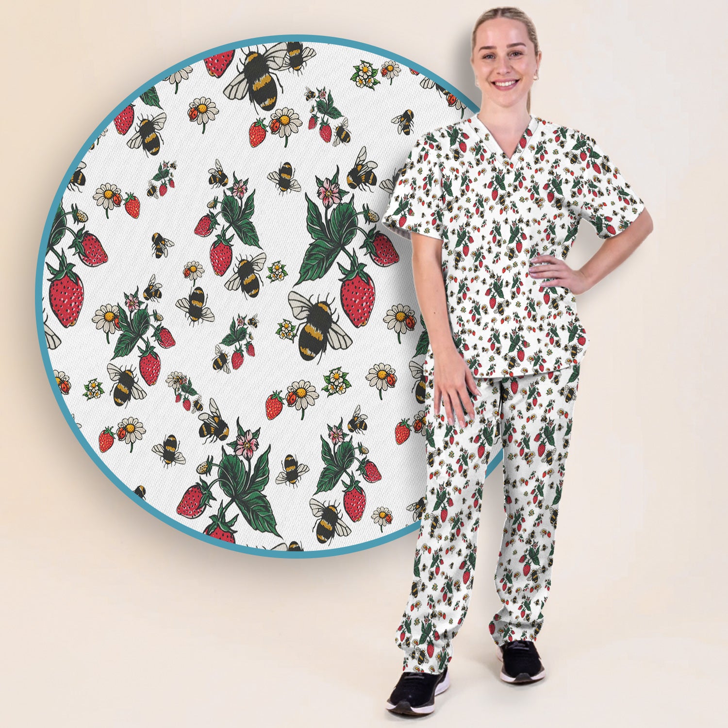 Cute Strawberry Bee Daisy Floral Pattern Scrub Set, Scrub Pants and V Neck Top