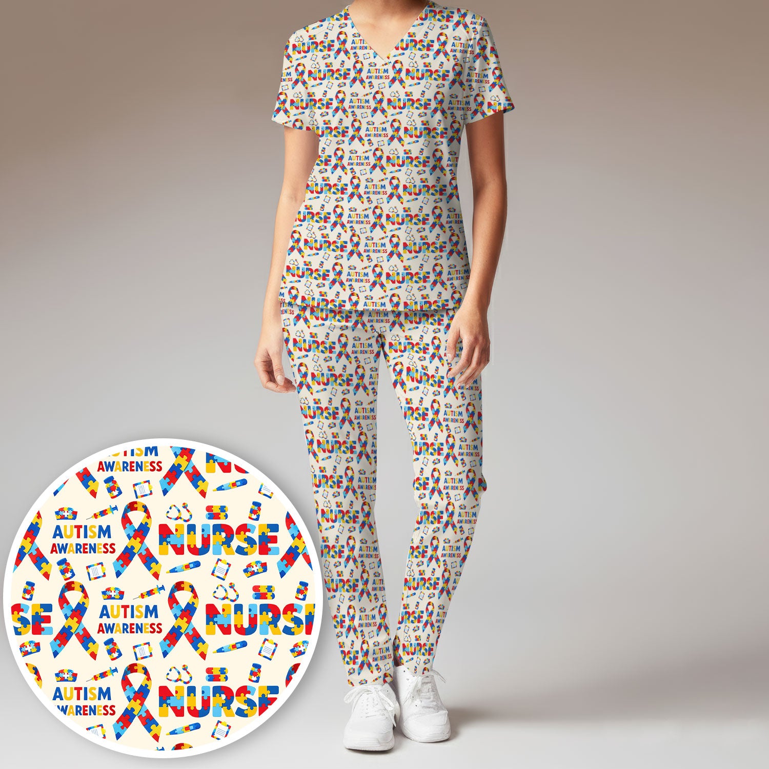 Autism Awareness Nurse Puzzle Ribbon Print Sets,  Breathable Med Uniform