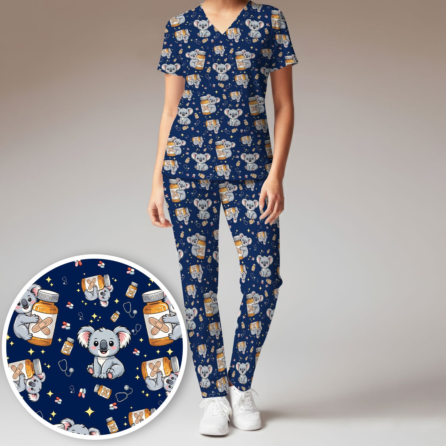 Cute Koala Nurse Bandage Medicine Print Scrub Set, Breathable Med Uniform