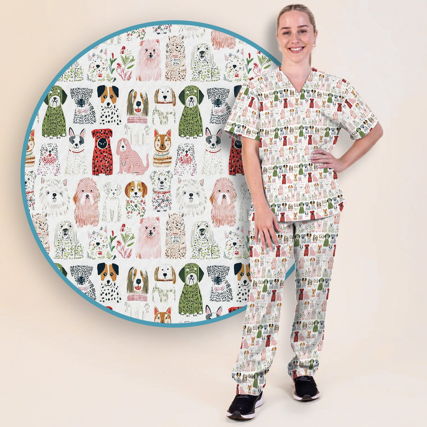 Cute Cartoon Dog Breeds Pattern Scrub Set, Breathable Med Uniform