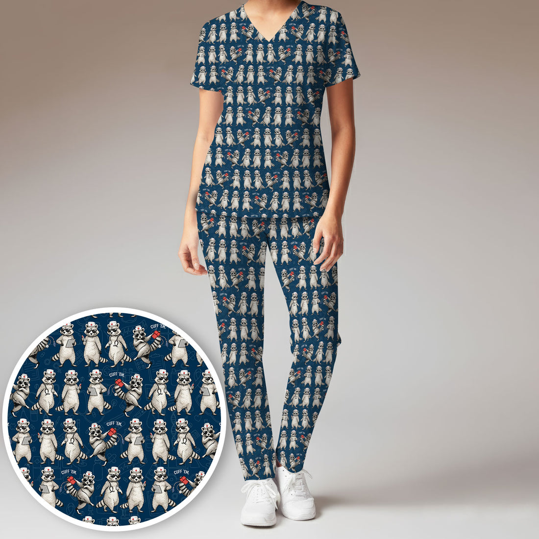 Funny Raccoon Nurse Pattern Scrub Set, Scrub Pants and V Neck Top