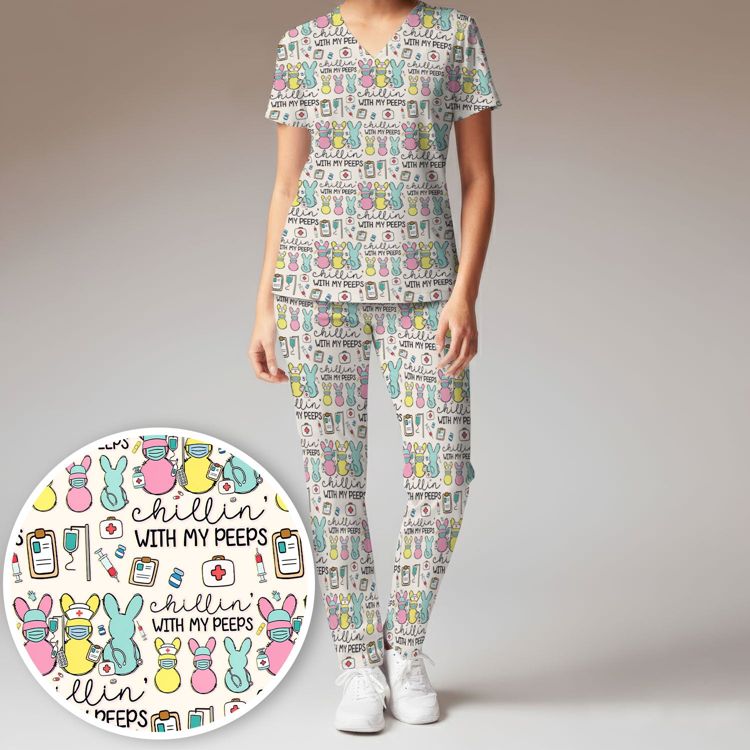 Cute Bunny Nurse Chillin With My Peeps Scrub, Women's Scrub Sets