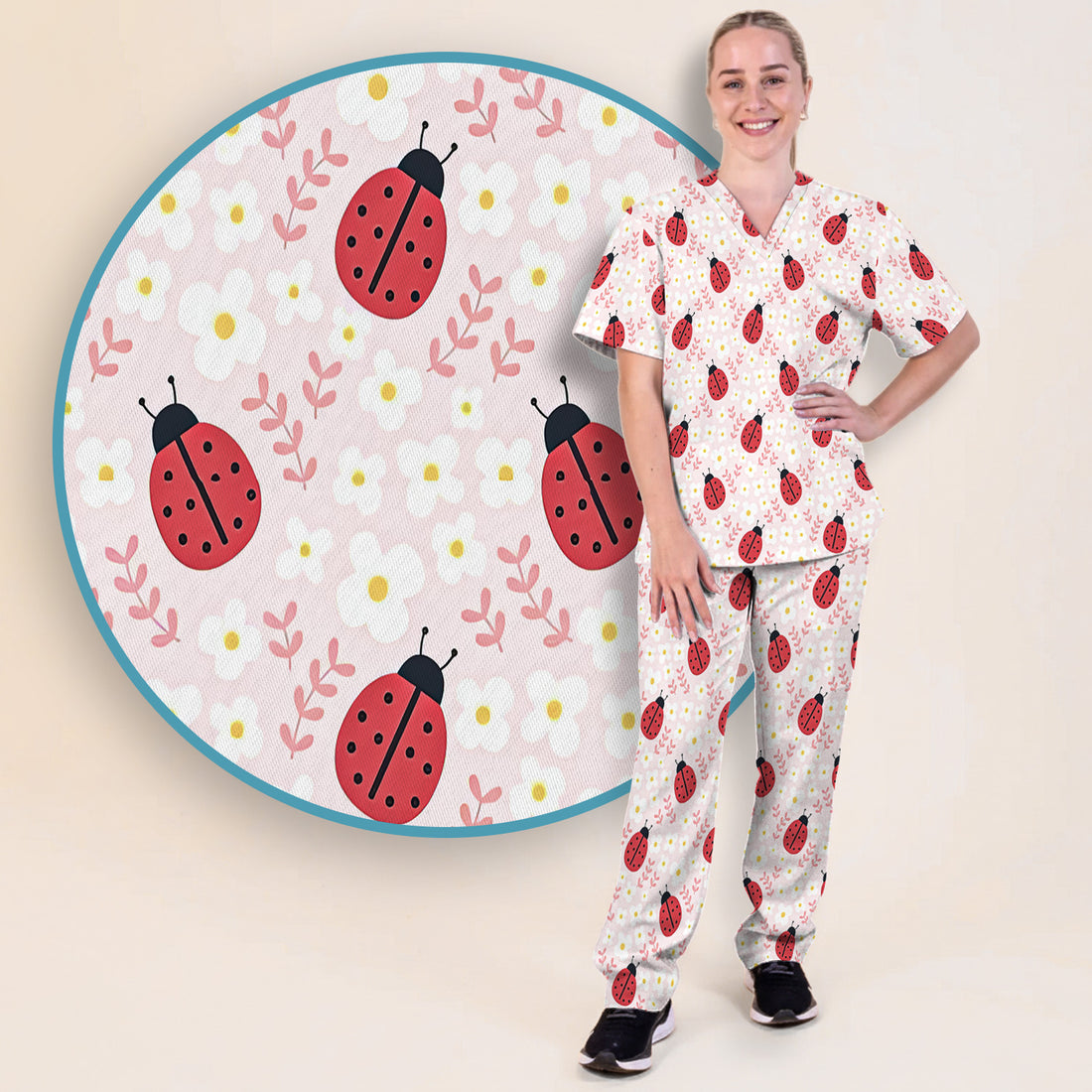 Lovely Ladybug Blossom Garden Print Scrub Set, Women's Scrub Sets
