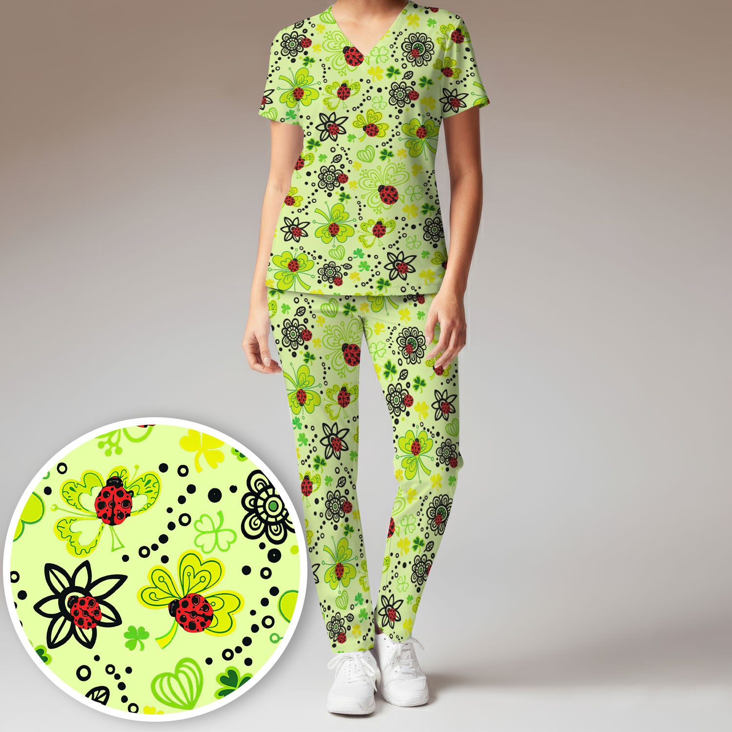 Ladybug Clover Floral Pattern Print Scrub Sets, Scrub Pants and V Neck Top