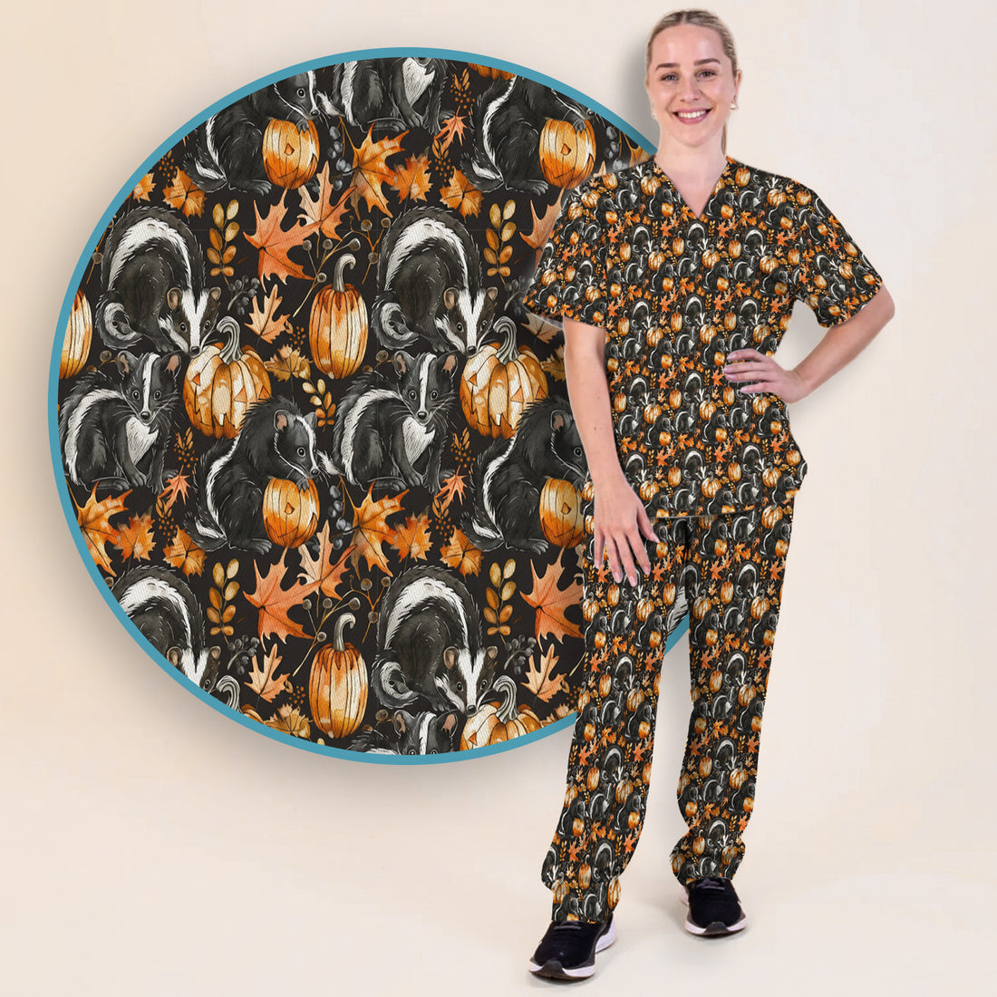 Skunk Pumpkin with Autumn Leaves Pattern Scrub Set, Scrub Pants and V Neck Top