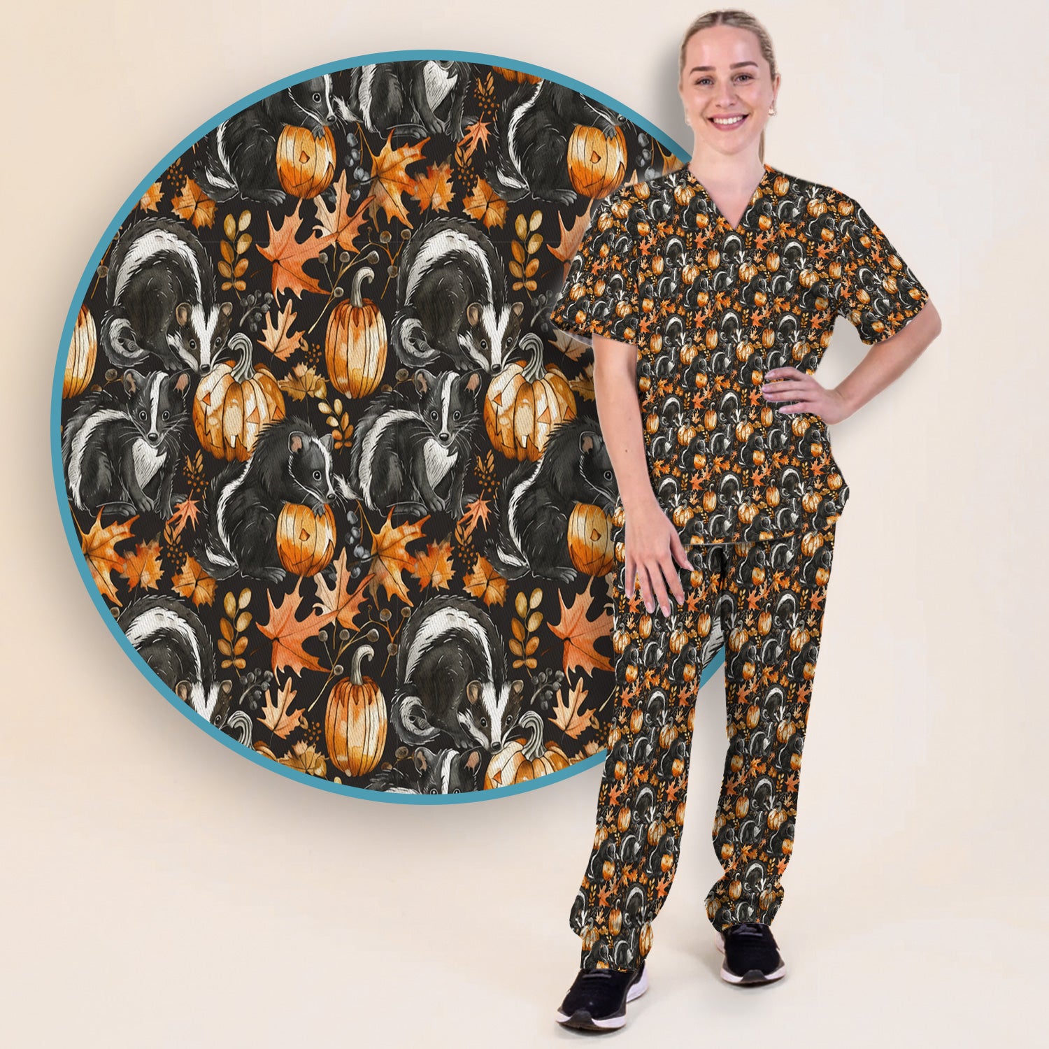Skunk Pumpkin with Autumn Leaves Pattern Scrub Set, Scrub Pants and V Neck Top