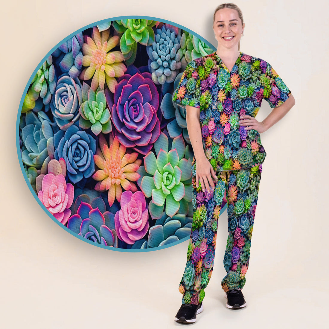 Cute Nurse Scrub Top Boho Succulent Flower Pattern Scrub Set, Scrub Pants and V Neck Top