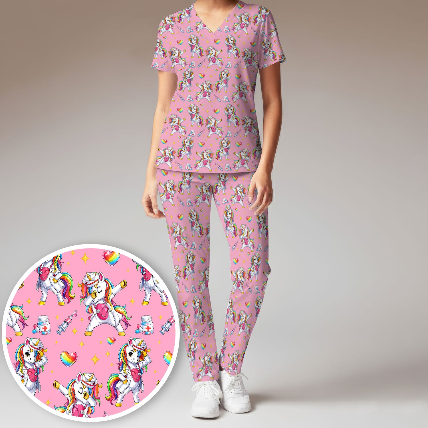 Playful Nurse Unicorn Rainbow Pattern Scrub Set, Breathable Med Uniform