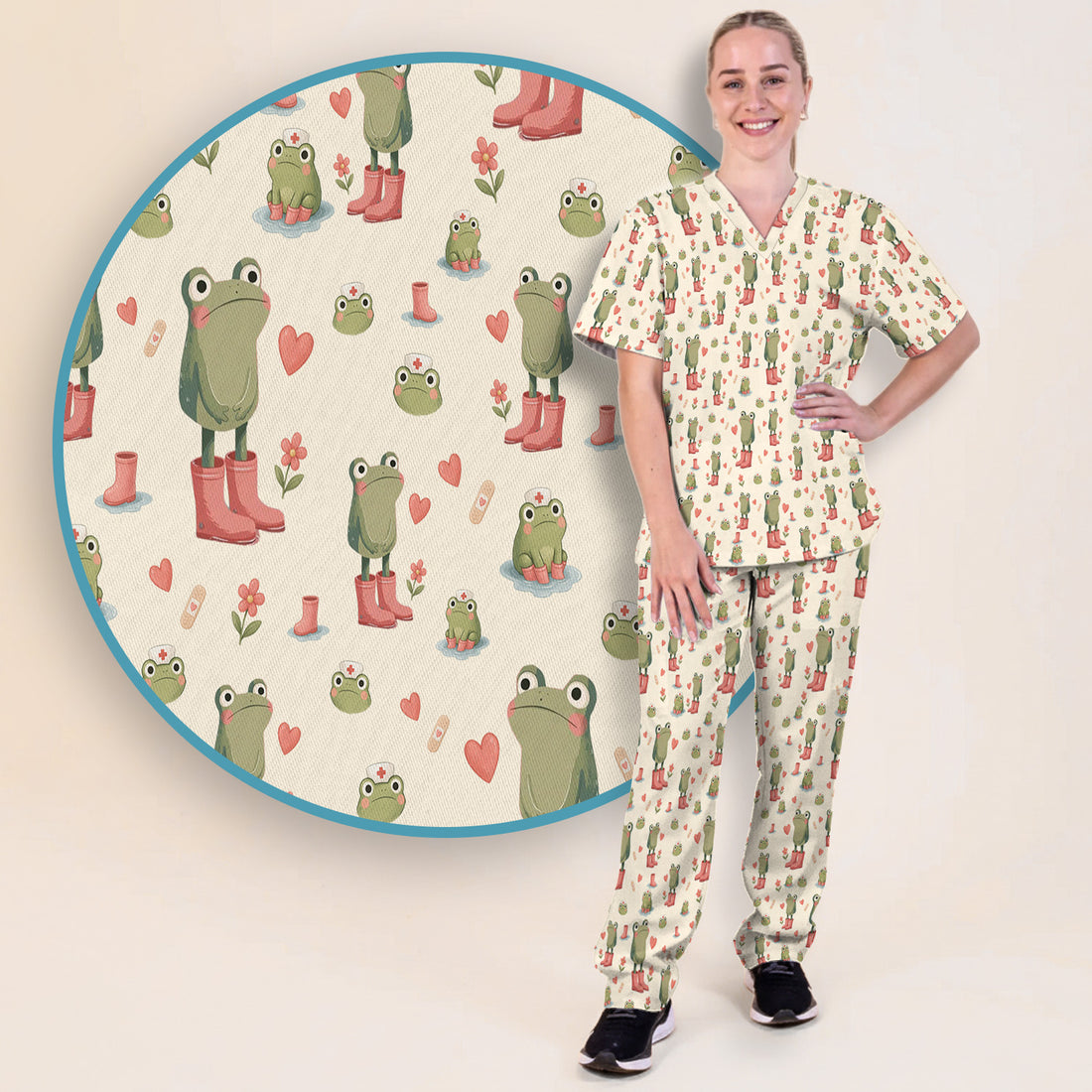 Adorable Frog Boots Heart Pattern Scrub Set, Nurse Uniform Scrubs Set