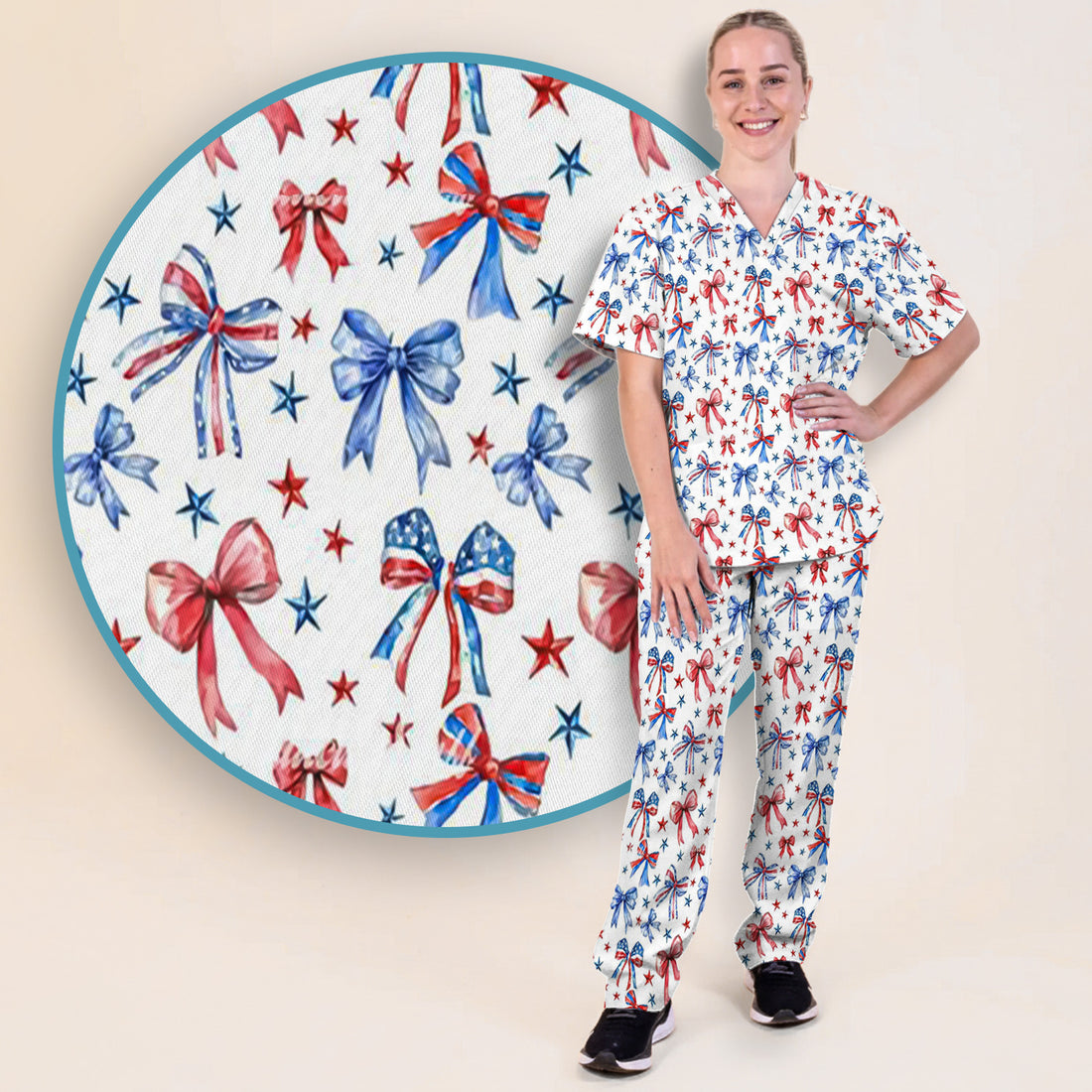 Festive Patriotic Ribbon Bow Star Pattern Scrub Set, Scrub Pants and V Neck Top