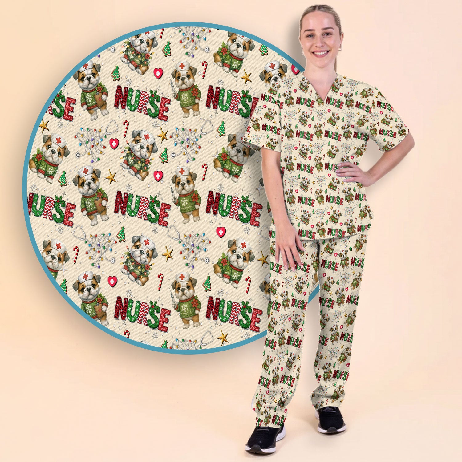 Bulldog Christmas Nurse Scrub Set - Funny Dog Scrubs Pants and V Neck Top - Cute Holiday Medical Uniform