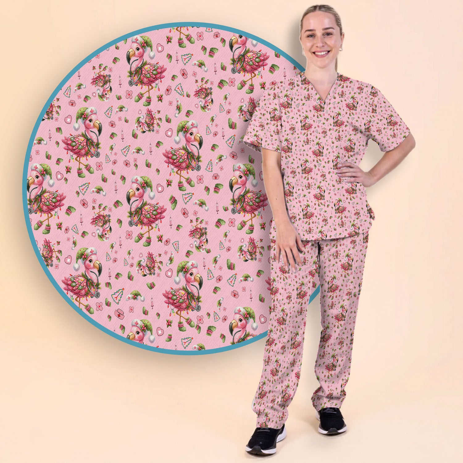 Pink Flamingo Christmas Scrub Set - Cute Flamingo Scrubs Pants and V Neck Top - Fun Christmas Medical Uniform