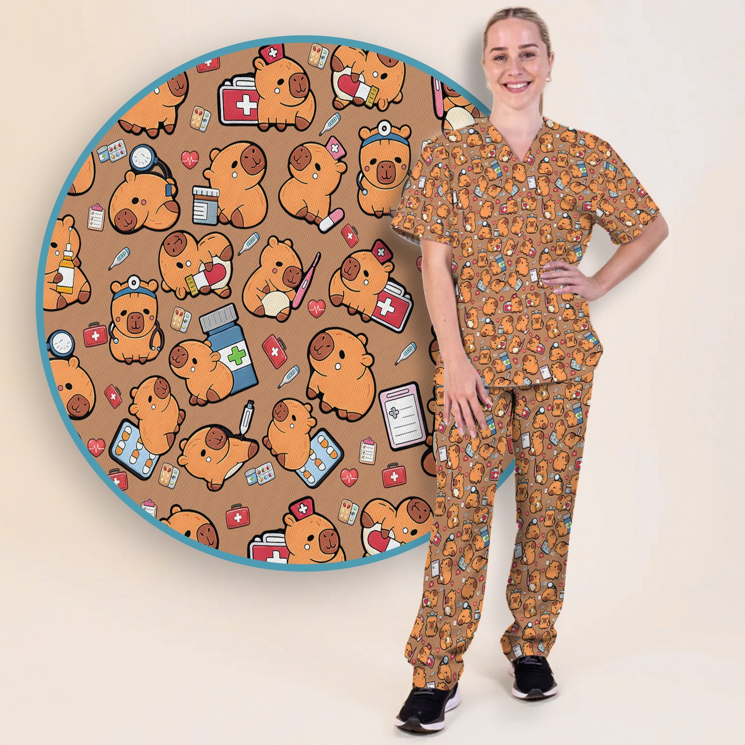 Capybara With Stethoscope And Medical Tools Seamless Scrub Set, Breathable Med Uniform