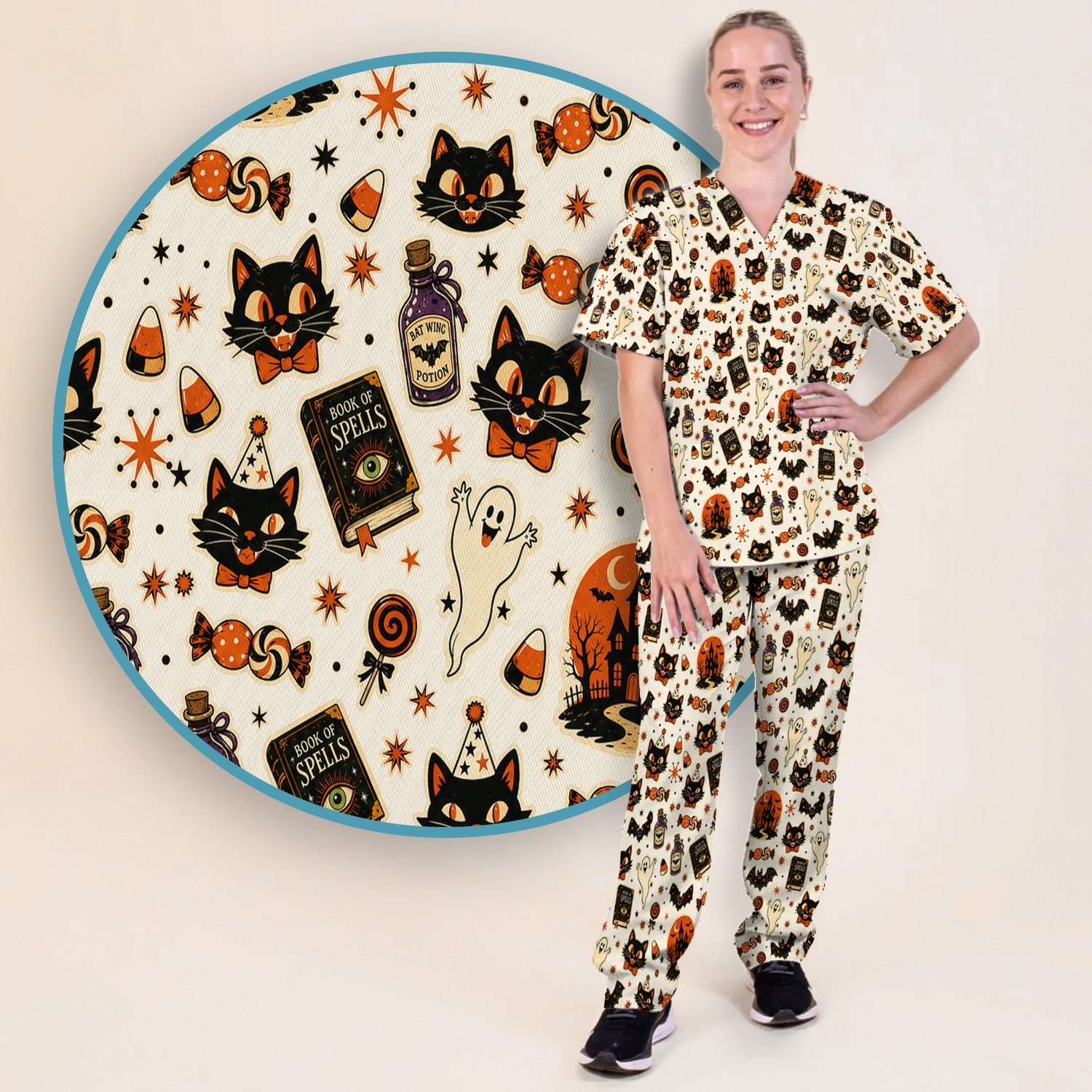Halloween Black Cat with Ghost Candy Print Scrub Set, Scrub Pants and V Neck Top