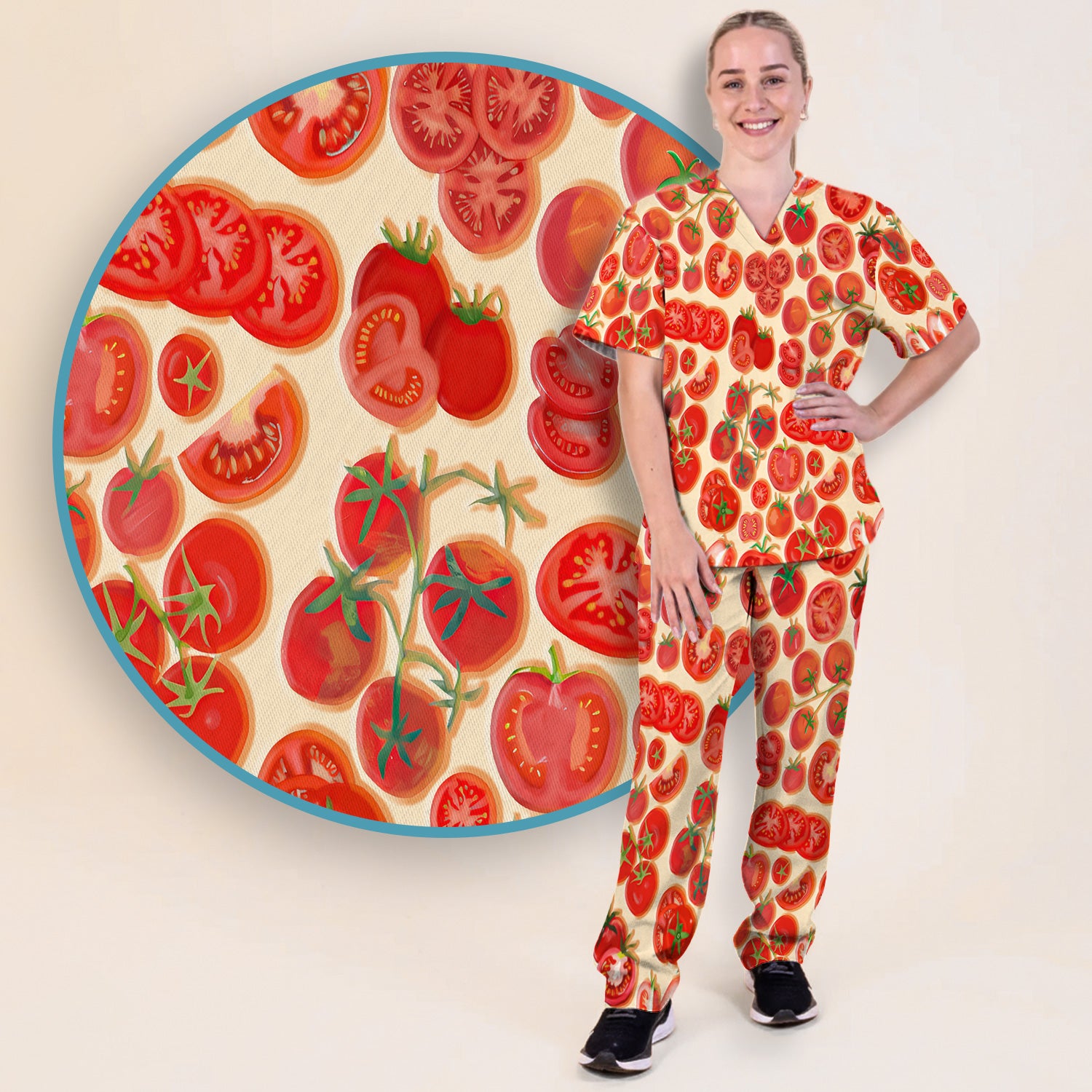 Fresh Tomato Slices Cherry Tomato Pattern Scrubs Sets, Women's Scrub Sets