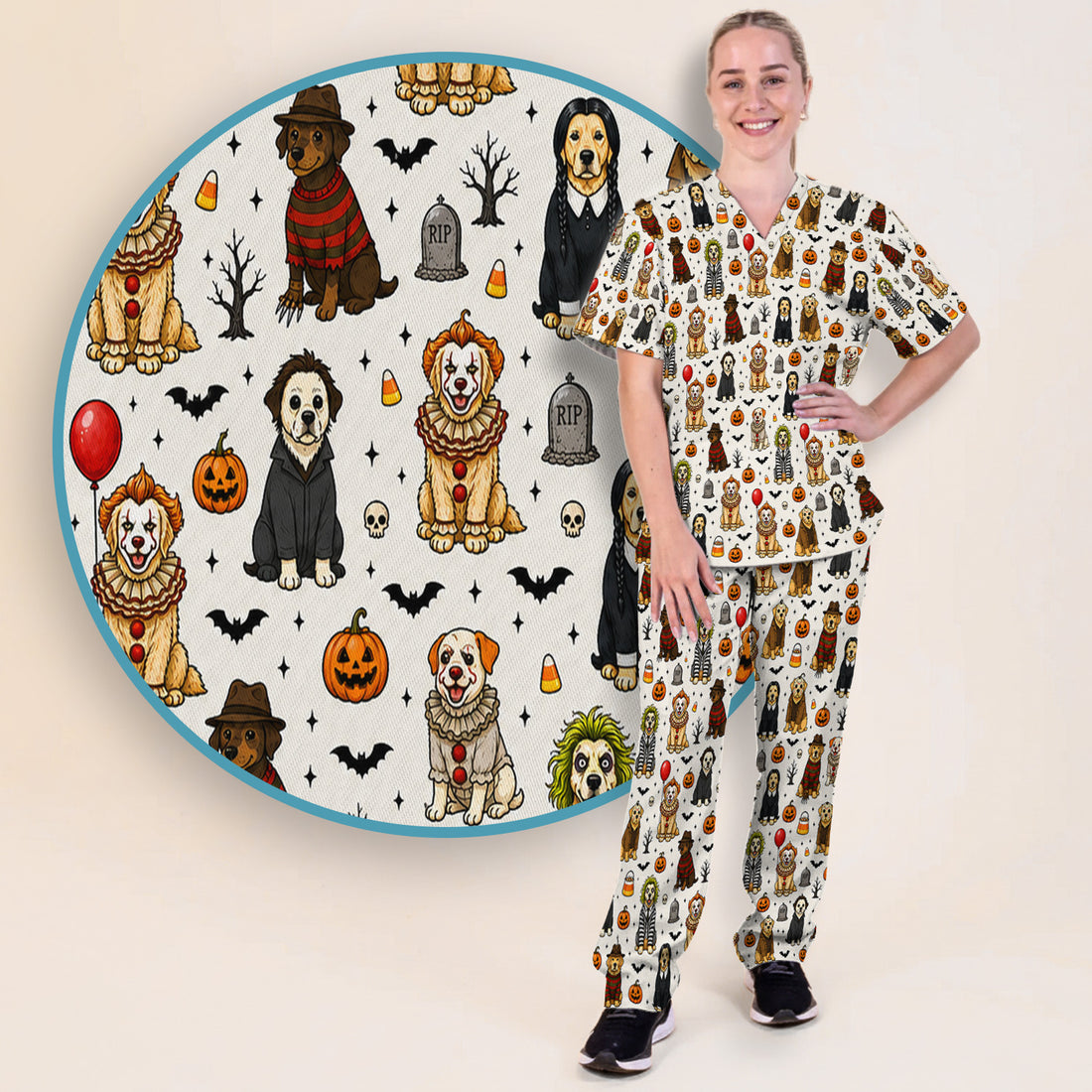 Funny Halloween Dog Pattern Scrub Set, Scrub Pants and V Neck Top