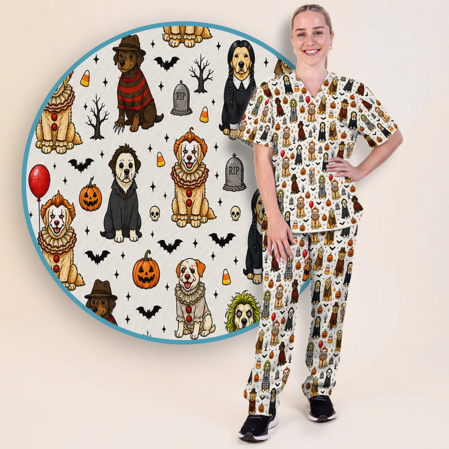Funny Halloween Dog Pattern Scrub Set, Scrub Pants and V Neck Top