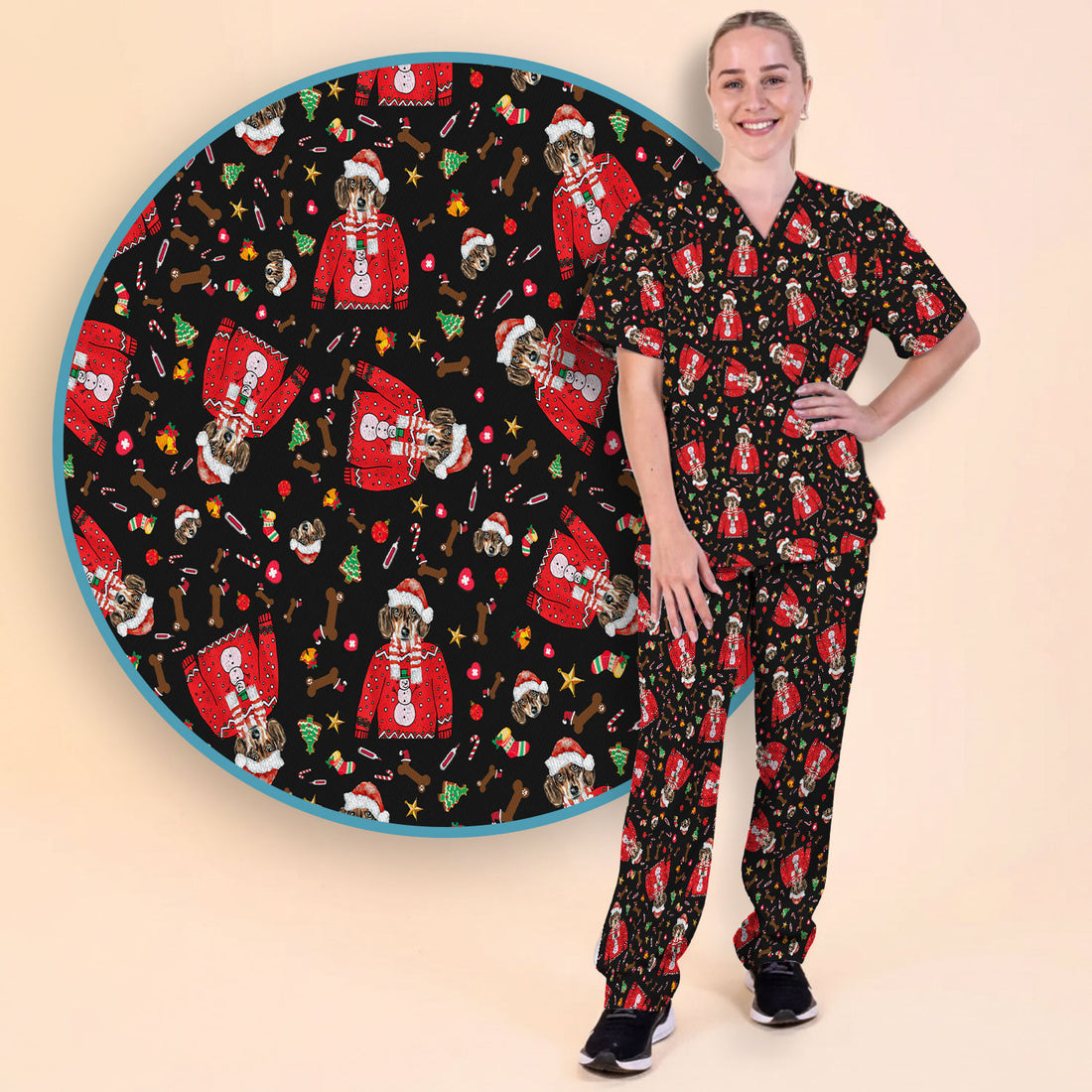 Funny Dog Christmas Scrub Set – Cute Puppy in Santa Outfit Pattern – Festive Holiday Medical Uniform For Nurses And Pet Lovers