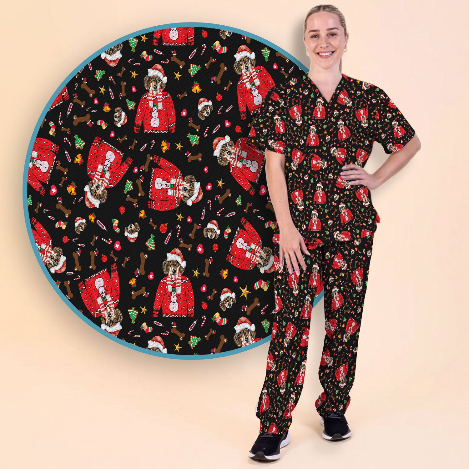 Funny Dog Christmas Scrub Set – Cute Puppy in Santa Outfit Pattern – Festive Holiday Medical Uniform For Nurses And Pet Lovers